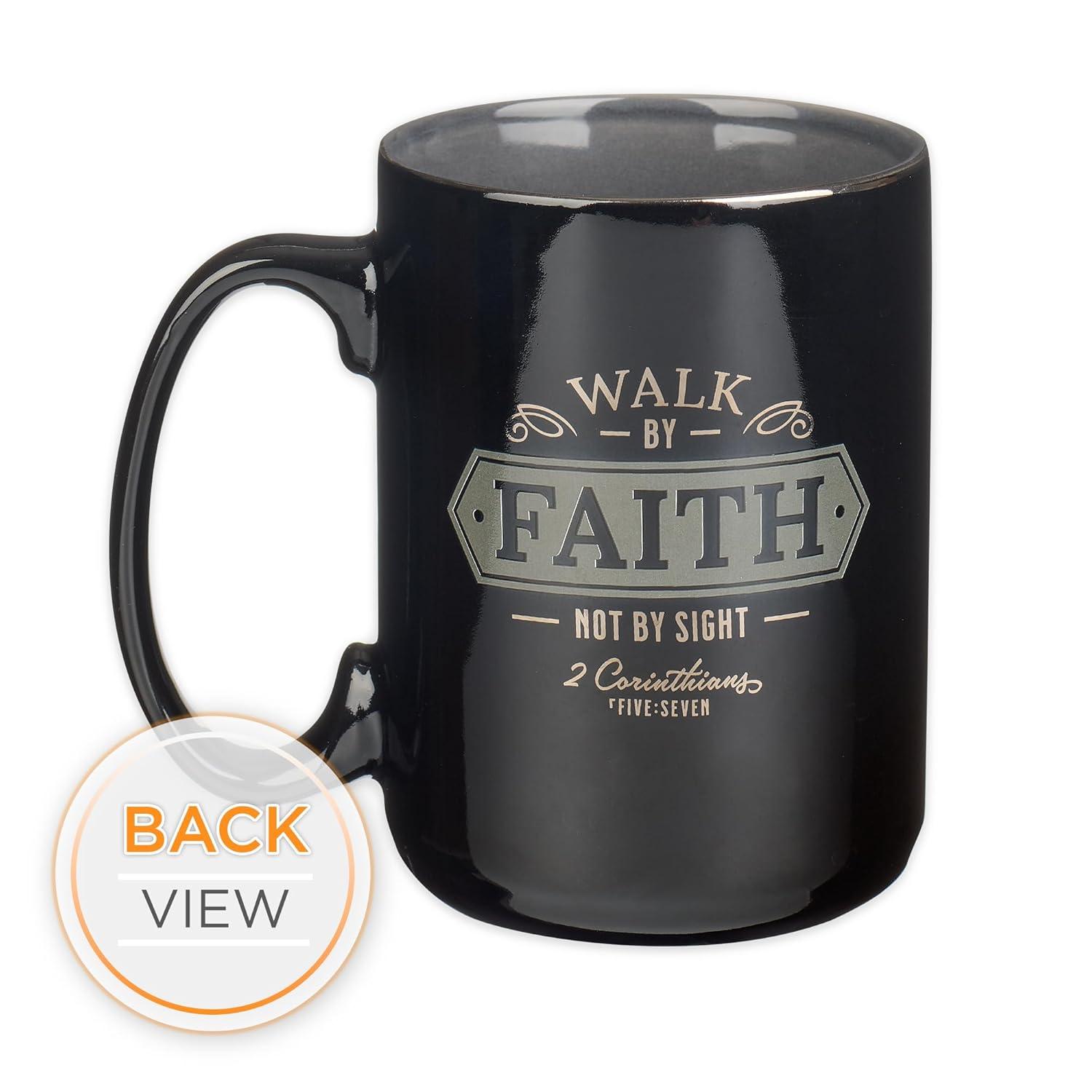 Christian Art Gifts Large Ceramic Bible Verse Coffee & Tea Mug for Men: Walk by Faith - 2 Corinthians 5:7 Inspirational Scripture, Non-toxic & Lead-free Novelty Drinkware, Black/Gray w/Silver, 14 oz.