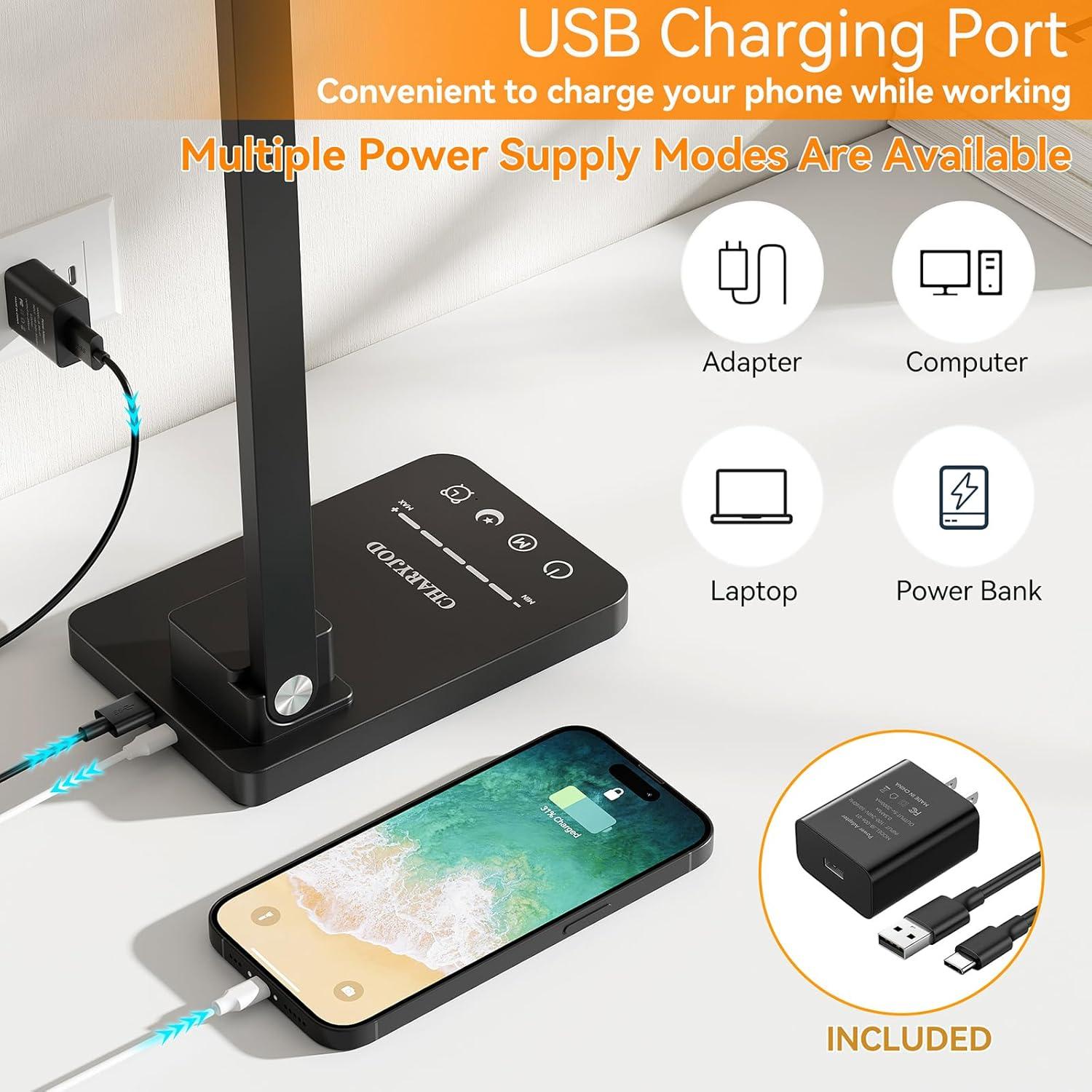 3 in 1 LED Desk Lamp Dimmable Table Lamp Reading Lamp with USB Charging Port and Night Light, Multi-angle Adjustable 25 Lighting Modes Bright Eye-Caring Desk Light Desk Lamp for College Dorm Room