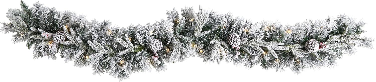 Nearly Natural 6' Pre-lit LED Flocked Mixed Greenery with Pinecones Artificial Christmas Garland: Indoor Holiday Decor, Battery Operated