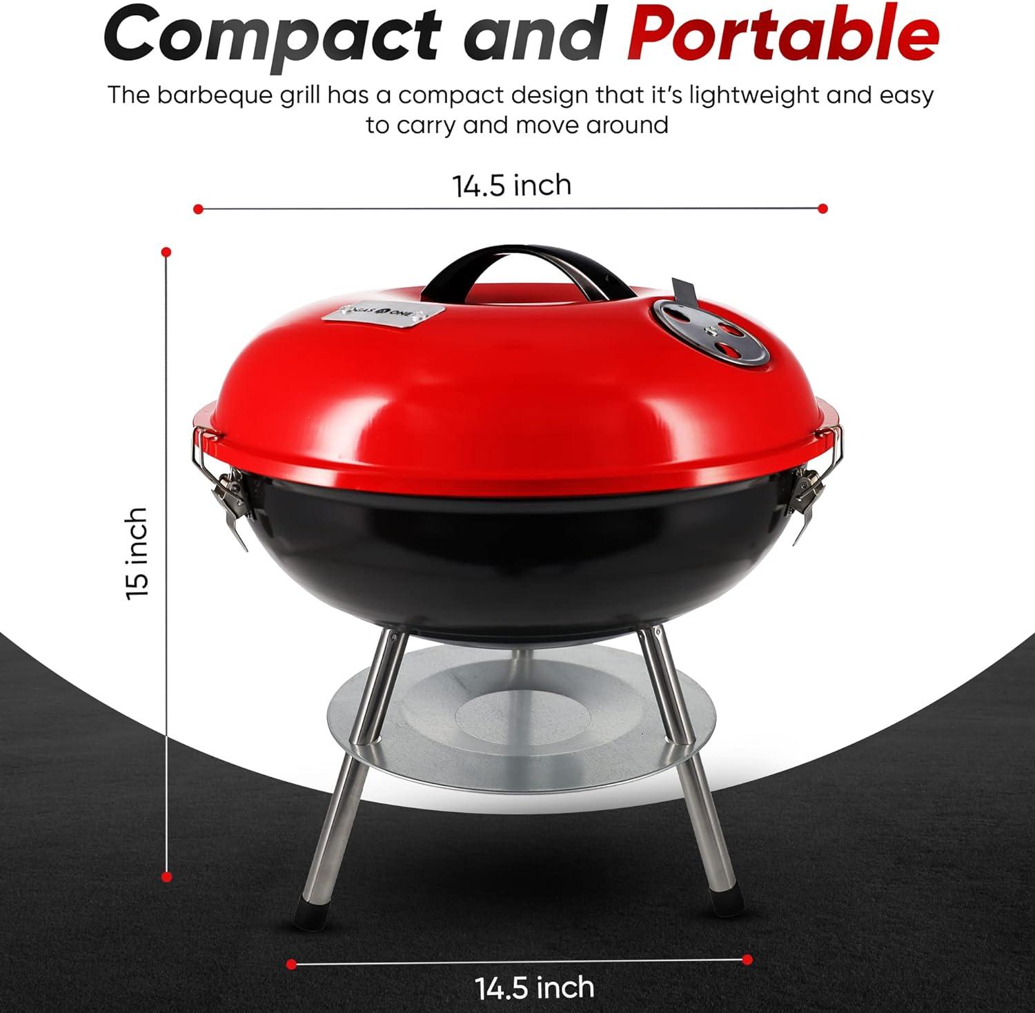 14-Inch Red Portable Charcoal Grill with Smoker