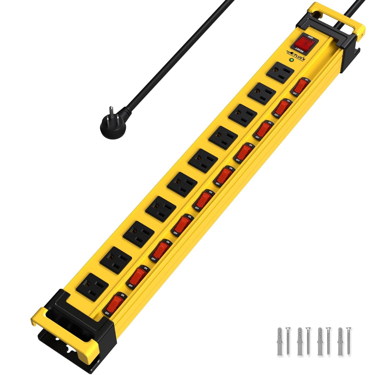 Power Strip 10 Outlet,3300J Surge Protector with Individual Switches,9FT Cord 14AWG/15AMP/1875W,Metal Heavy Duty Power Strip with Cord Manager,for Workshop,Garage,Shop,Home