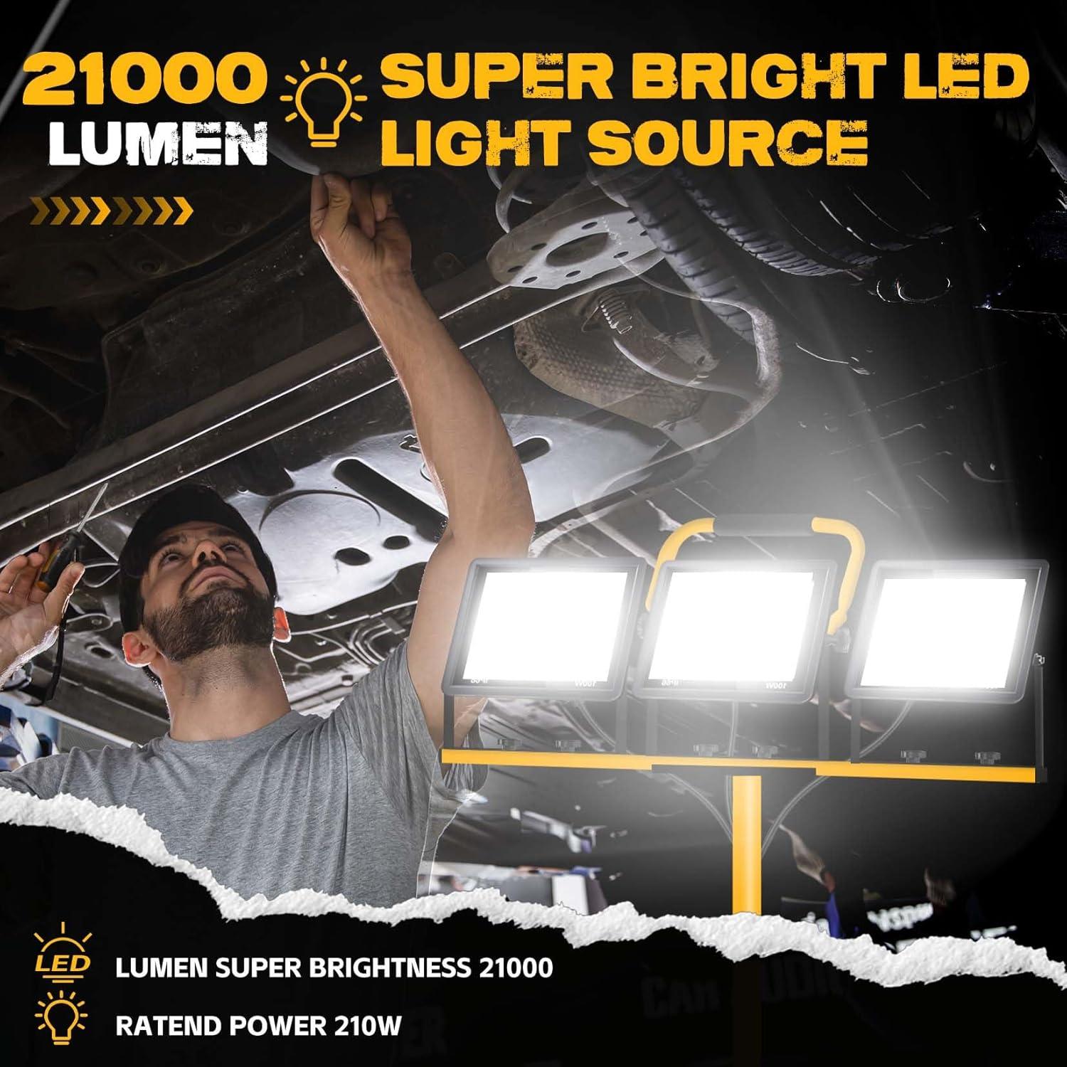 21000 Lumen Work Lights with Stand，3 Adjustable Head LED Work Light, with Adjustable and Foldable Tripod Stand, Waterproof Lamp with Individual Switch with 6500 Kelvin Color Temperature
