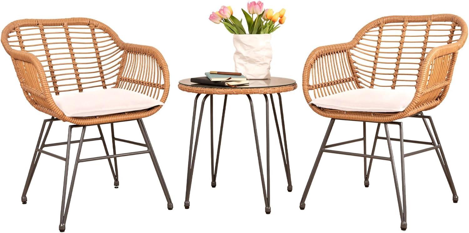 Beige PE Rattan 3-Piece Outdoor Bistro Set with Cushions