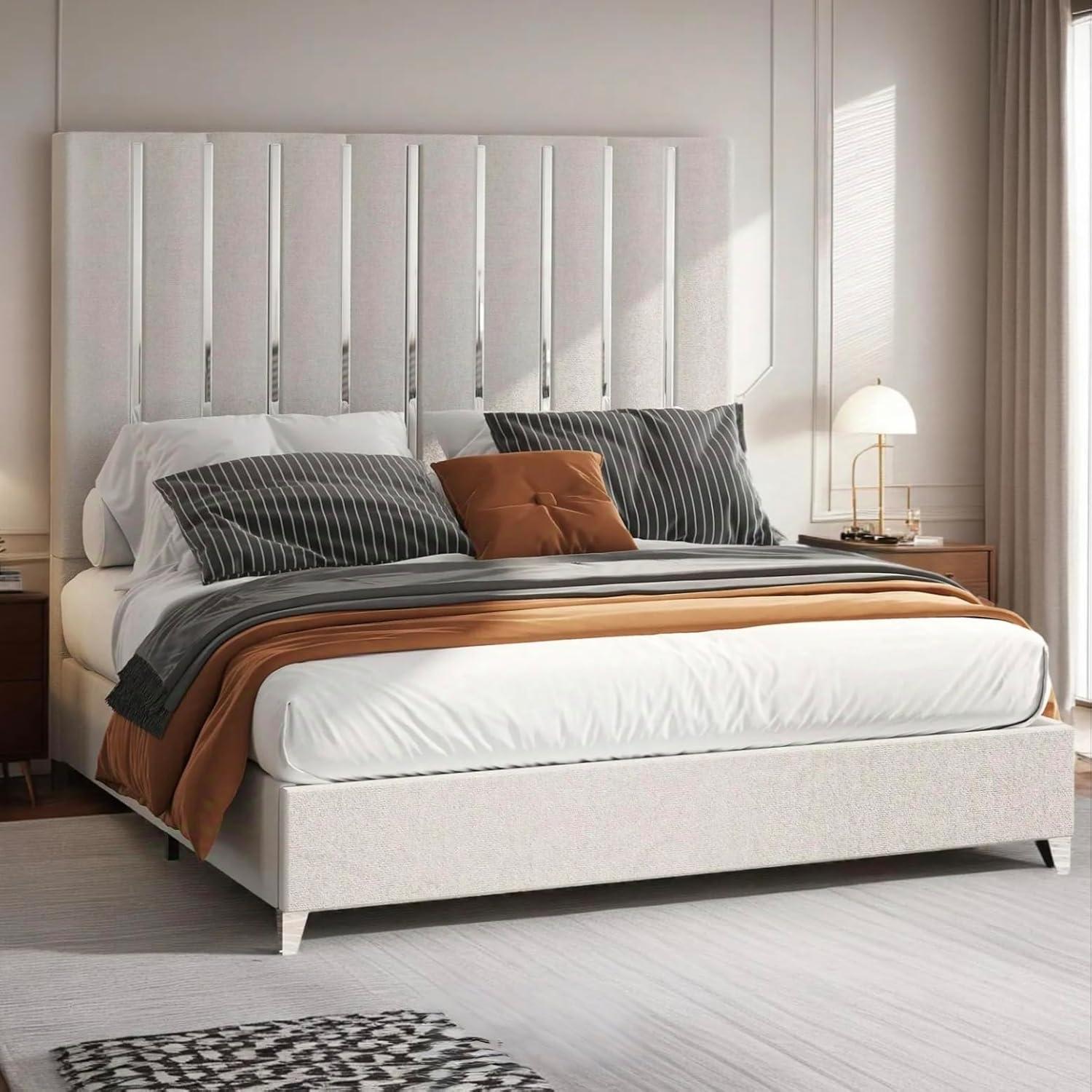 Merluxy Queen Bed Frame with 58" Tall Headboard,Silver Plating Trim,Velvet Upholstered,Cream