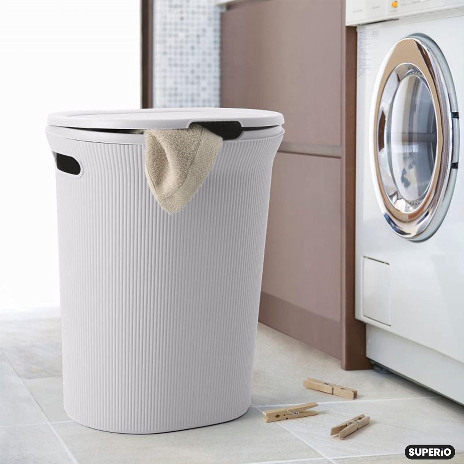 White Ribbed Plastic Laundry Hamper with Lid and Handles