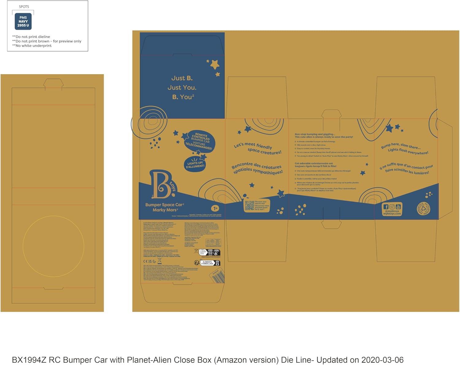 B. toys – Vehicle Bumper Space Car – Light – Up – Simple Remote Control Car for Toddlers with Alien Driver – Marky Mars – 12+ Months