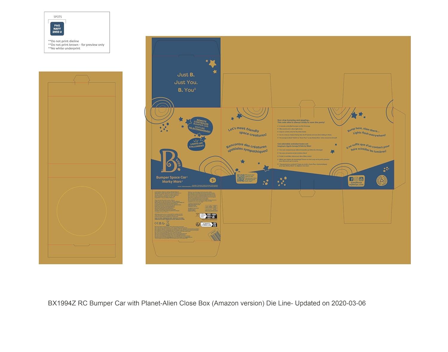 B. toys – Vehicle Bumper Space Car – Light – Up – Simple Remote Control Car for Toddlers with Alien Driver – Marky Mars – 12+ Months