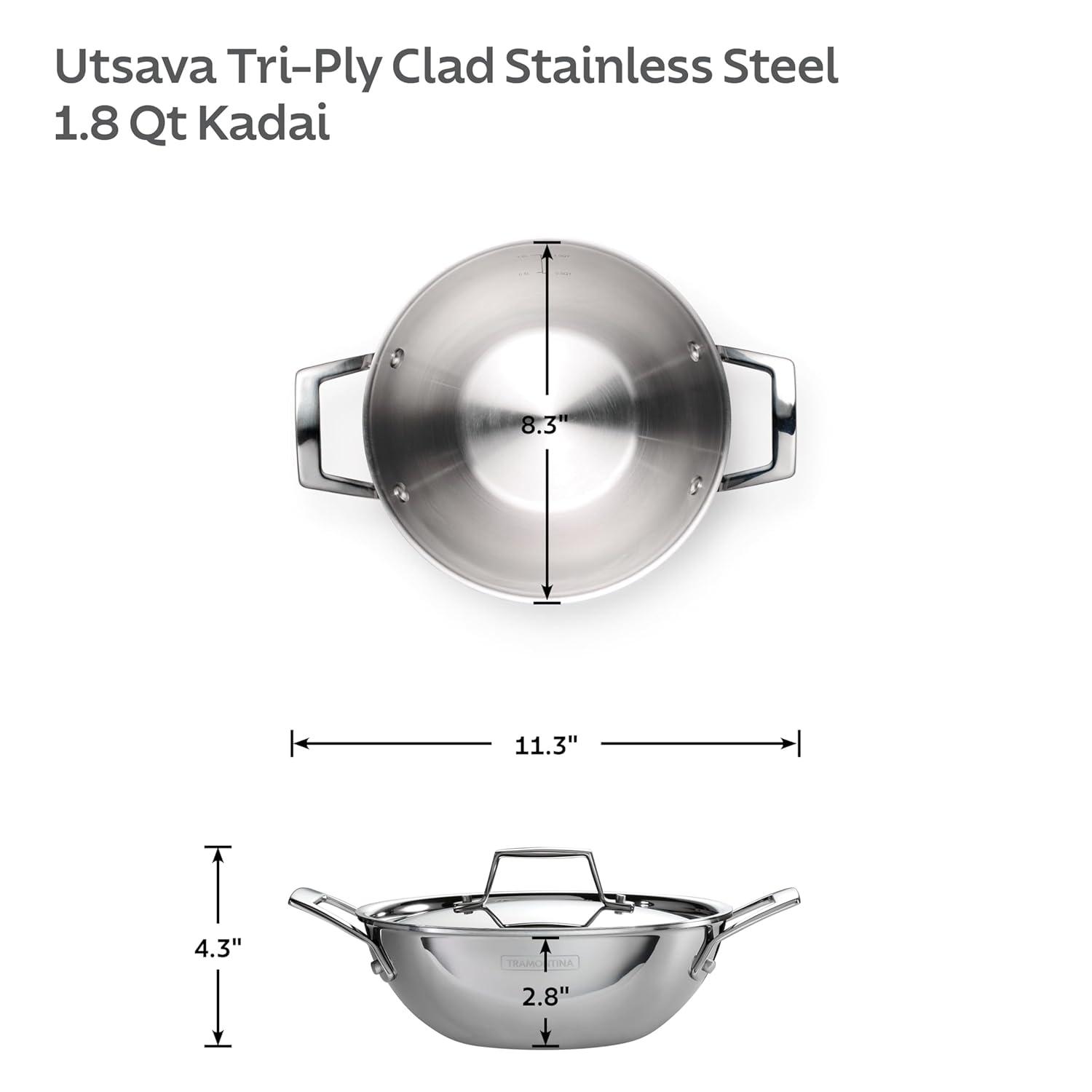 Tramontina Tramontina Utsava Tri-Ply Clad Stainless Steel Kadai with Lid, Kadhai Pot for Indian Cooking