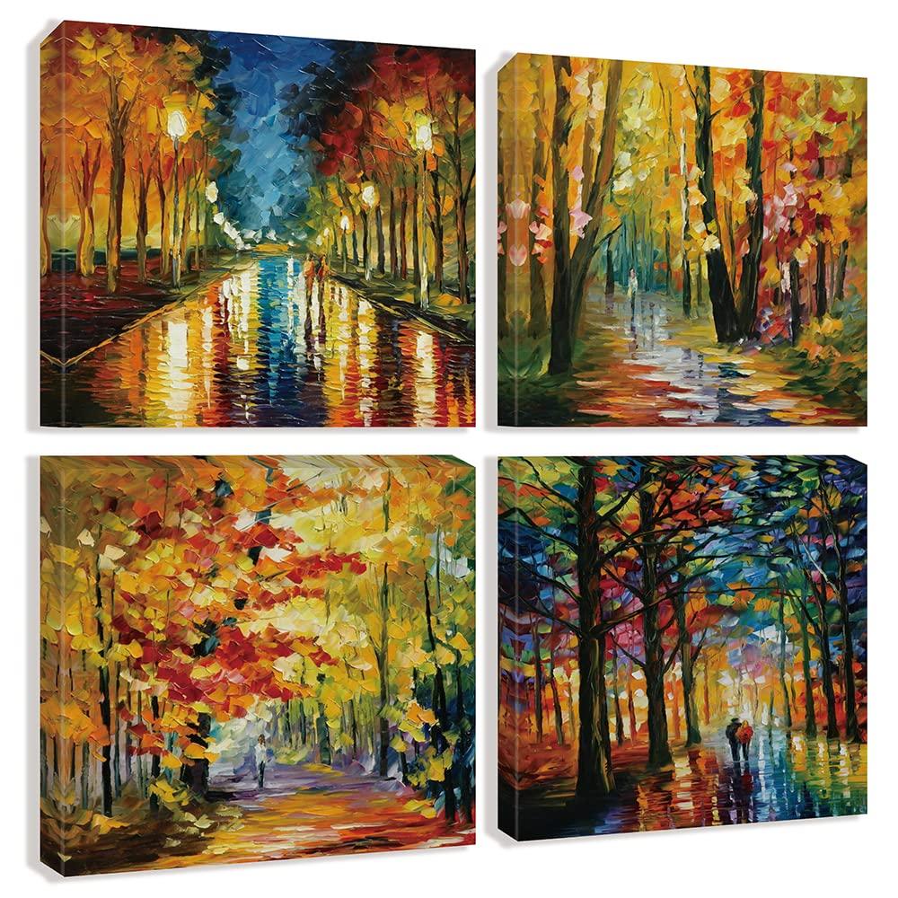 JEUXUS Colorful Landscape Oil Painting Wall Art Canvas Paintings Abstract Texture Rainbow Trees with Walking People Prints Pictures 4 Pieces Living Room Bedroom Artwork 16x16in