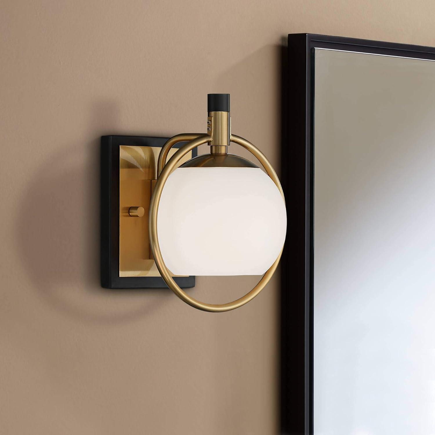Possini Euro Design Carlyn Modern Wall Light Sconce Warm Brass Black Hardwire 8" Fixture Milky White Globe Glass for Bedroom Bathroom Vanity Reading