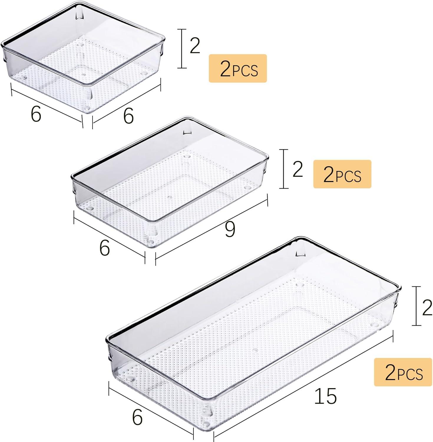 ihomecooker 3 Pack Clear Plastic Drawer Organizer Tray Cutlery Utensil Makeups Drawer Silverware Organizers 12" X 6"… (6P(6X6+6X9+6X15))