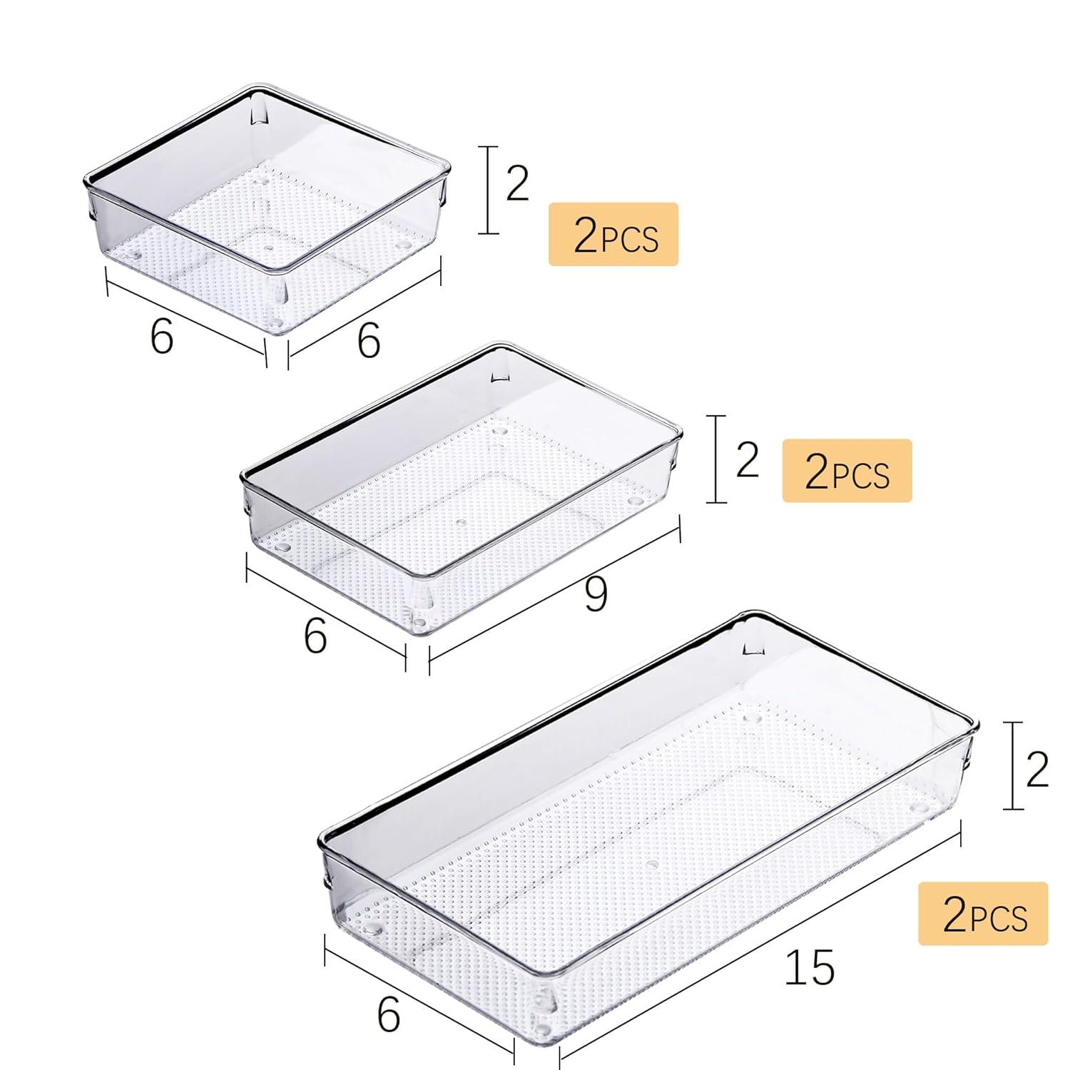 ihomecooker 3 Pack Clear Plastic Drawer Organizer Tray Cutlery Utensil Makeups Drawer Silverware Organizers 12" X 6"… (6P(6X6+6X9+6X15))