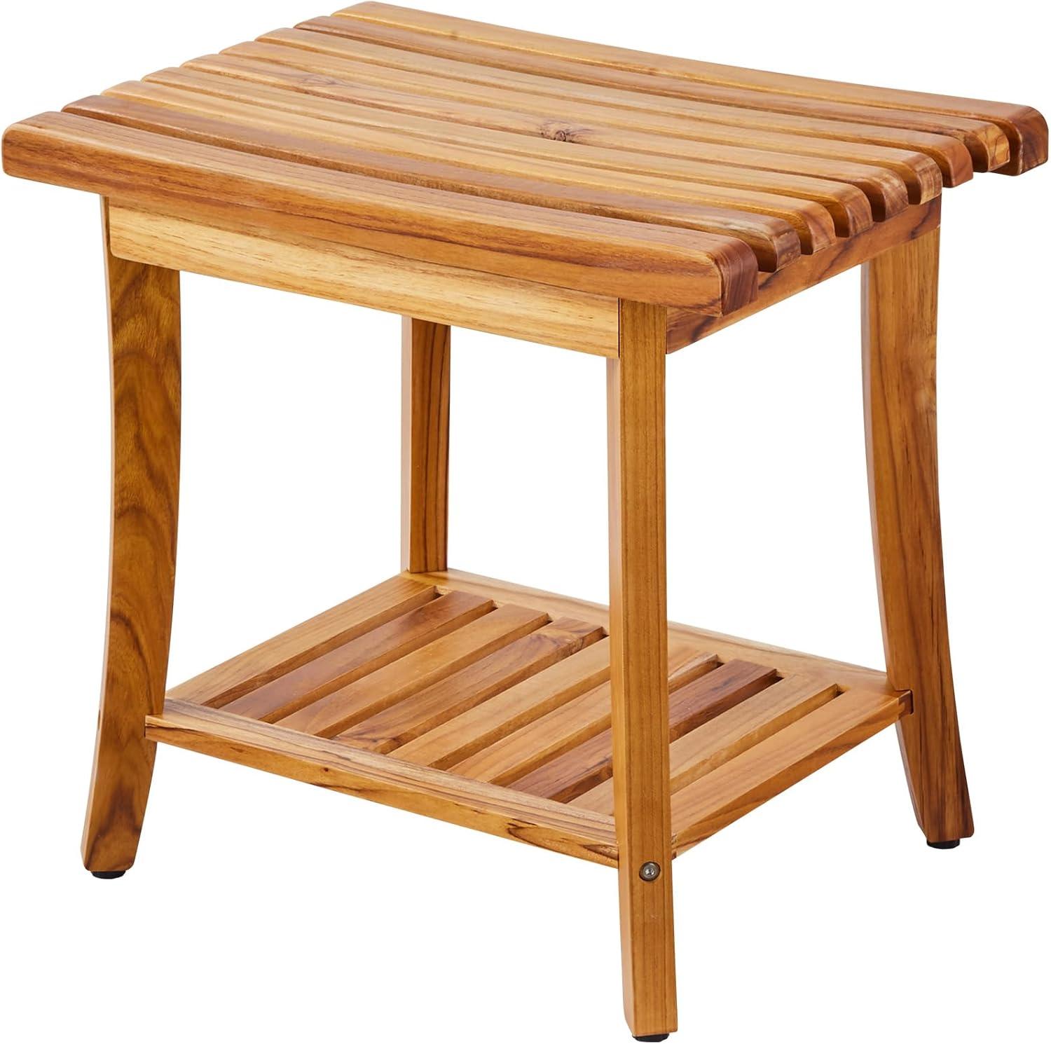 Teak Wood Shower Bench with Storage Shelf and Non-Slip Pads