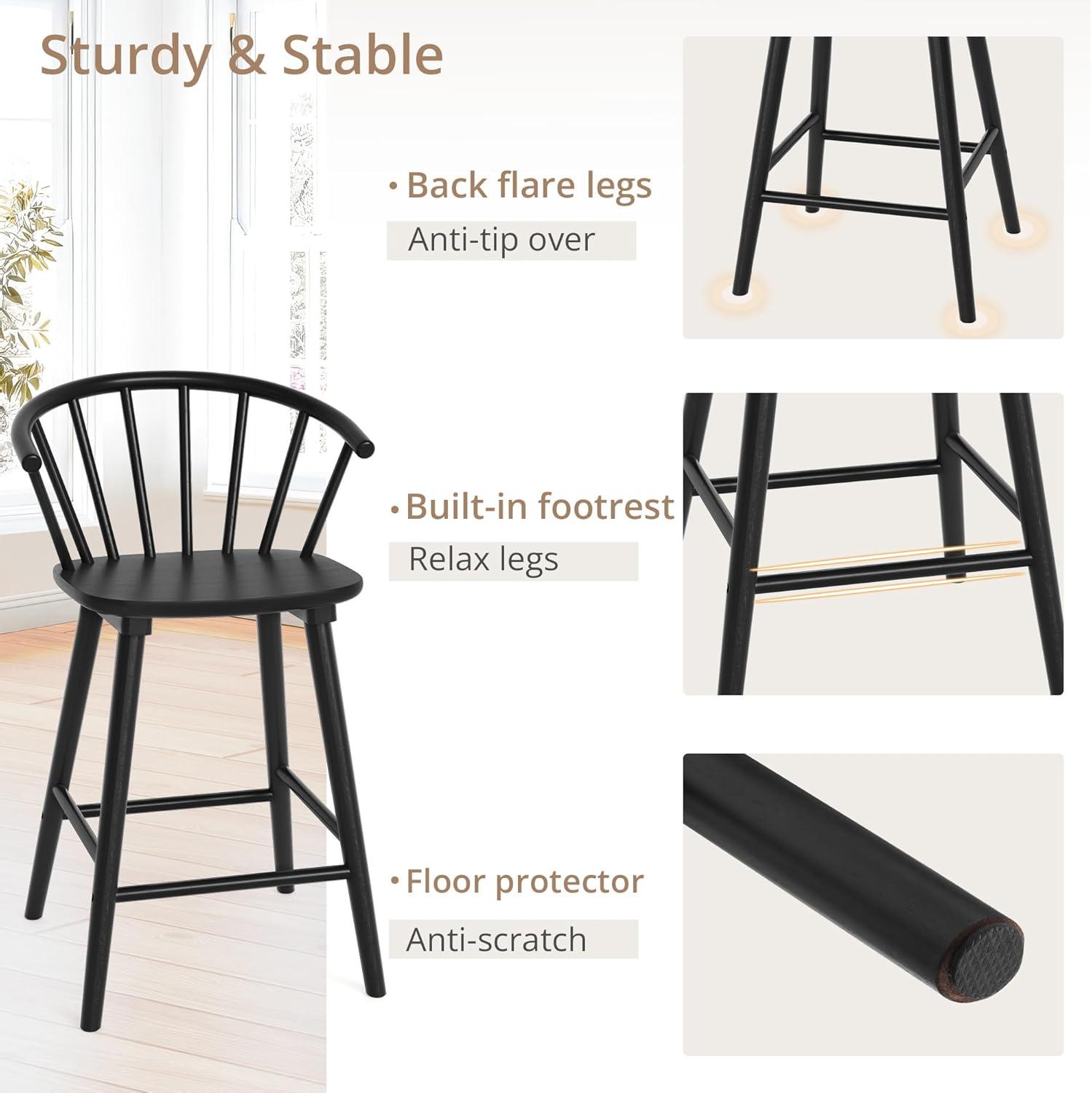 Winson Windsor 24 in. Black Solid Wood Bar Stool for Kitchen Island Counter Stool with Spindle Back Set of 6