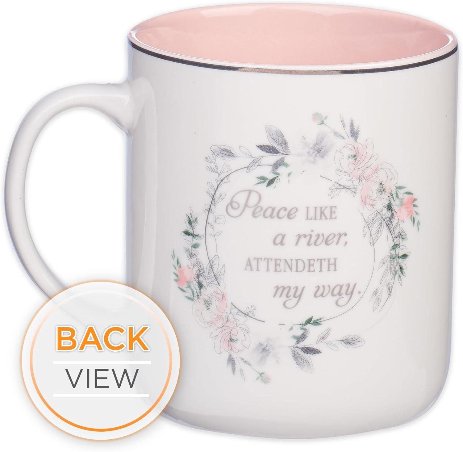 Christian Art Gifts Ceramic Coffee Mug for Women: It is Well with My Soul - Inspirational Song and Hymn, Light Floral Pink and White, 14 oz.