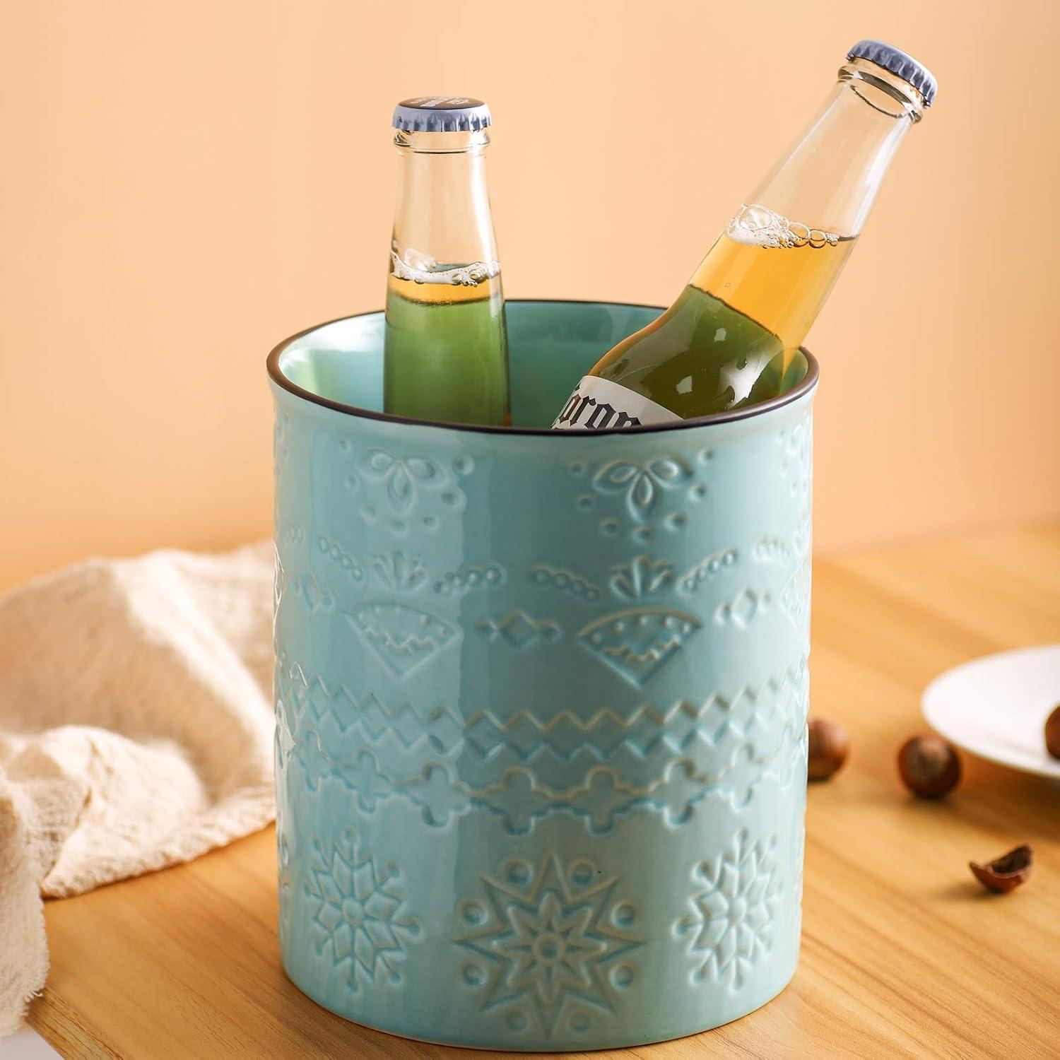 Aqua Ceramic Embossed Kitchen Utensil Holder Crock