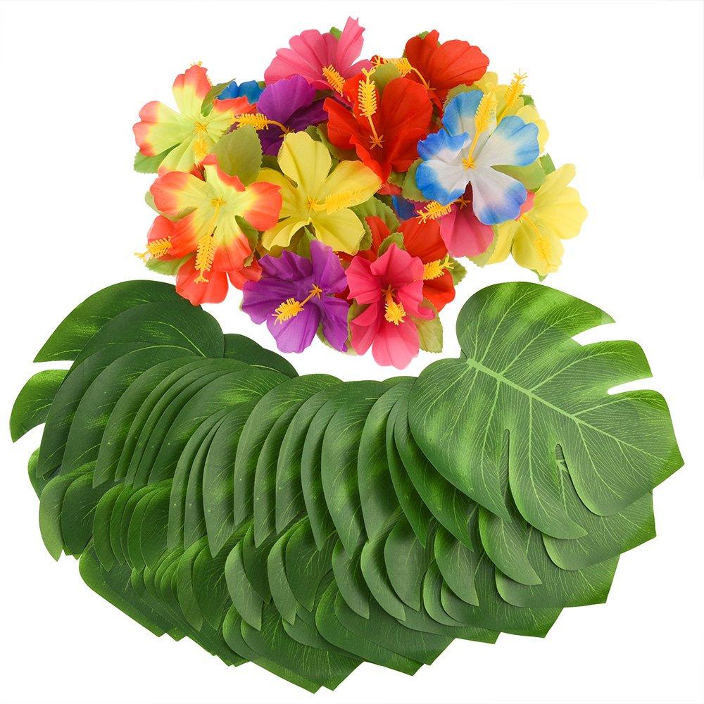 KUUQA 88 Pcs 20cm/8" Tropical Palm Leaves and Silk Hibiscus Flowers Party Decor, Artificial Monstera Plant Leaves Flowers Hawaiian Luau Party Jungle Beach Theme BBQ Birthday Party Decorations Supplie