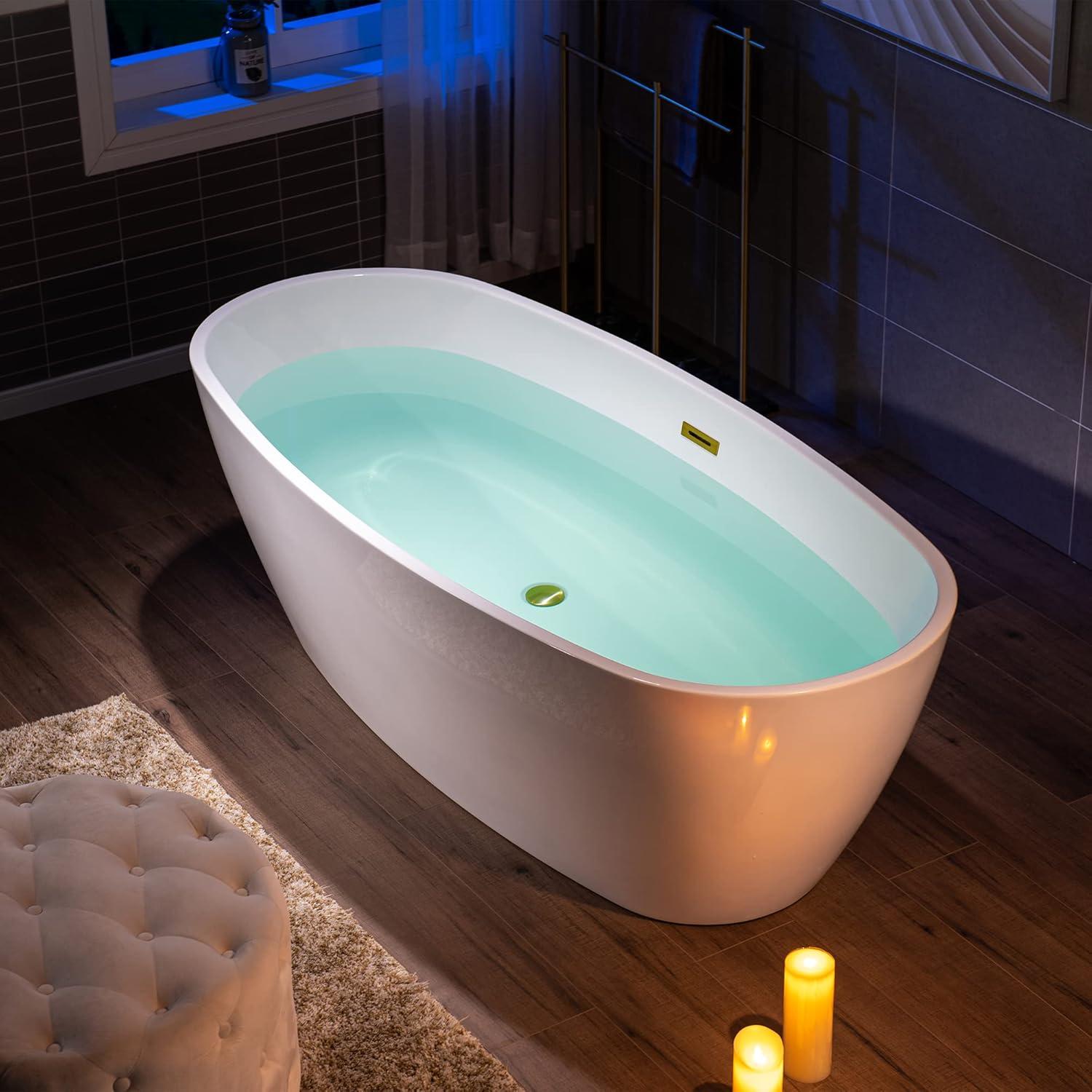 WOODBRIDGE 71" Acrylic Freestanding Bathtub Contemporary Soaking Tub, White Acrylic,Brushed Gold Drain/Overflow