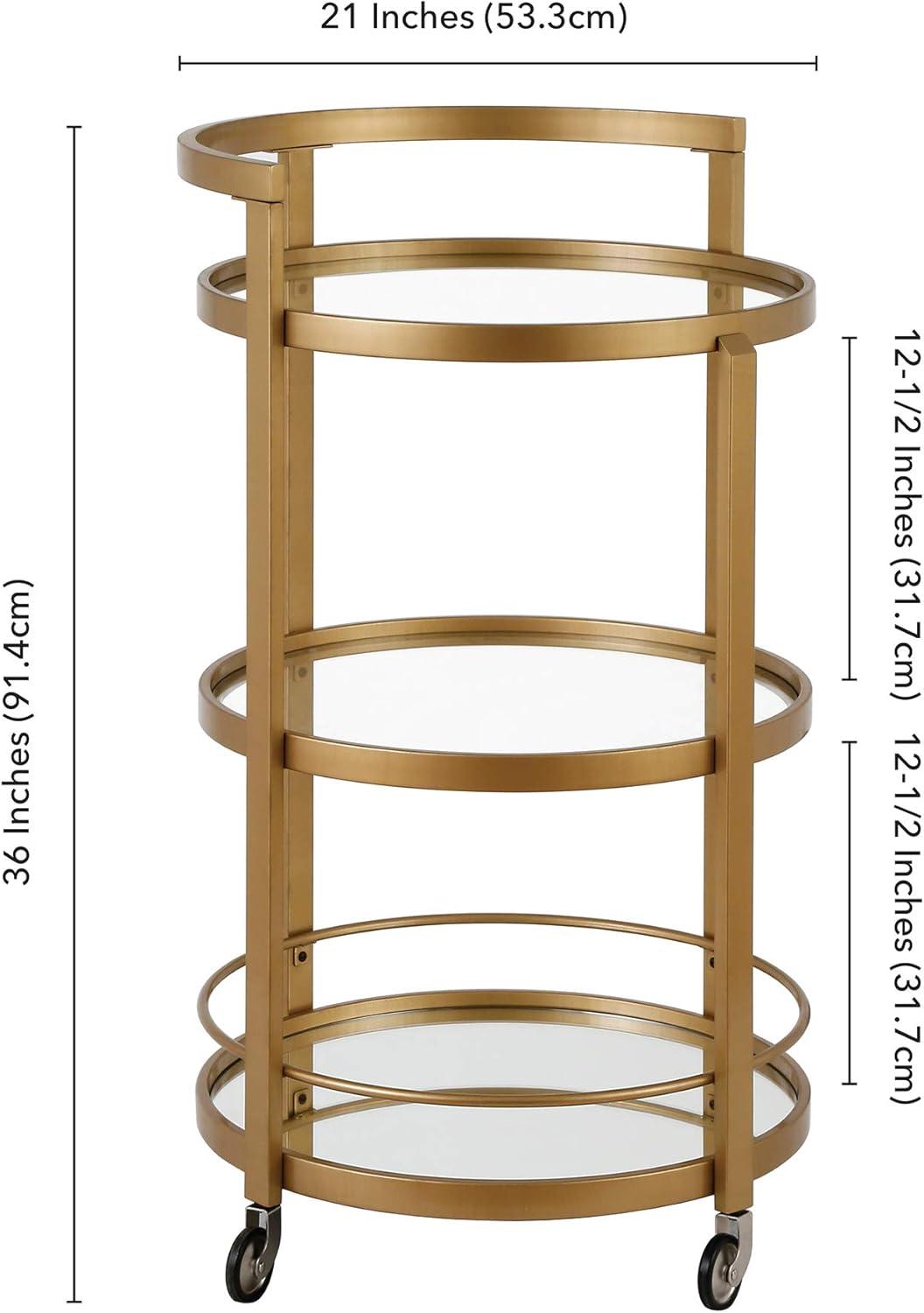 Hause 21" Round Brass and Glass Bar Cart with Storage