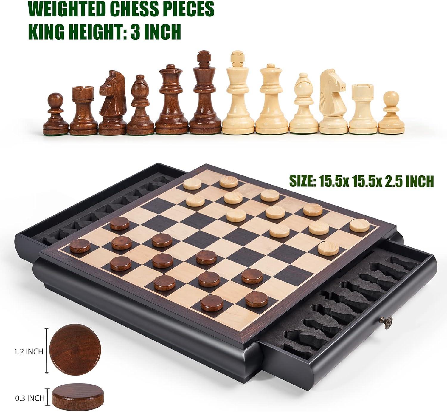 Wooden Chess Checkers Game Set 15.5" Large Size Board w/Storage Drawers, Weighted Chess Pieces - 2 Extra Queens 3" King, Gift for Birthday Housewarming Retirement - Black