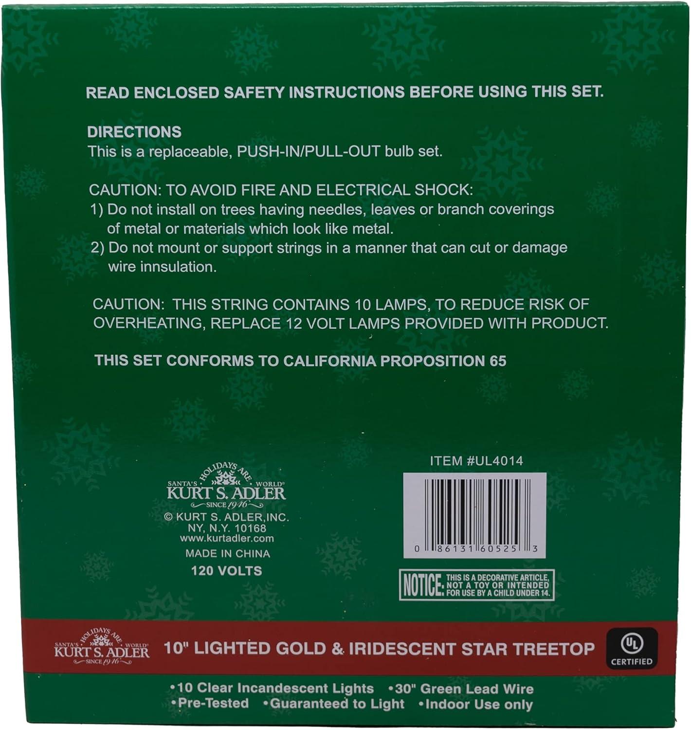 Kurt S. Adler UL4014 Lighted Treetopper, Gold, Iridescent