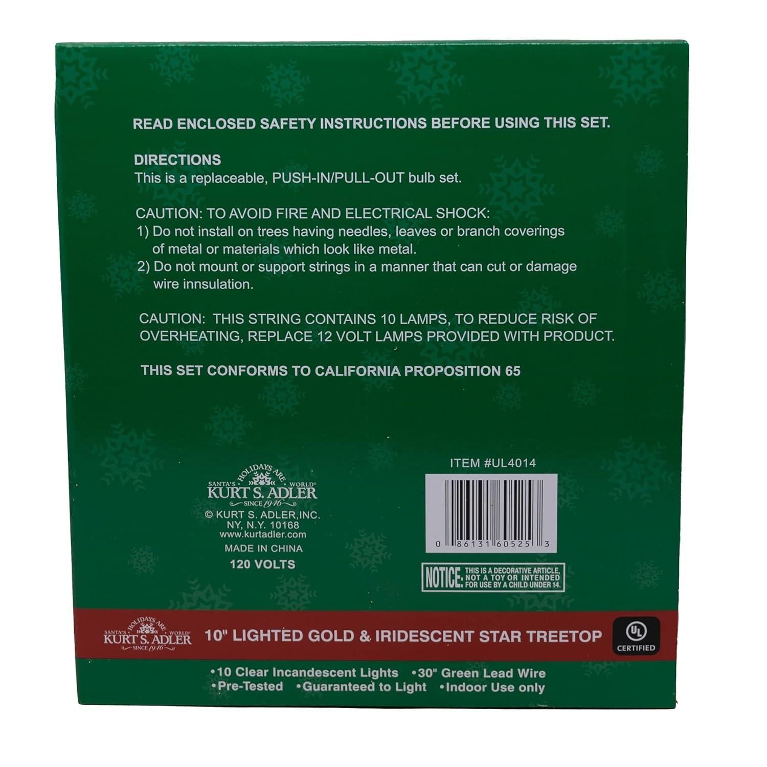 Kurt S. Adler UL4014 Lighted Treetopper, Gold, Iridescent