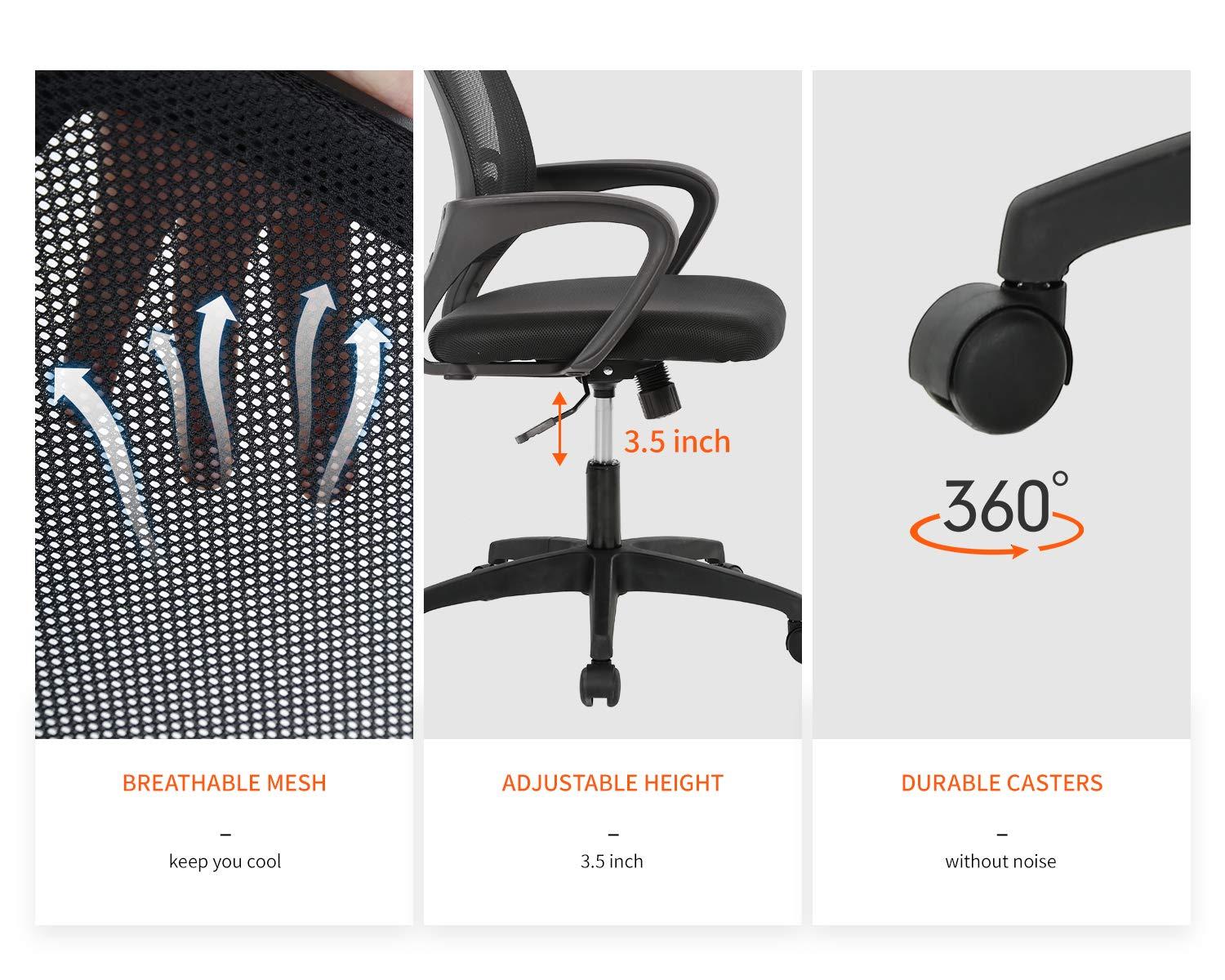 Home Office Chair Ergonomic Desk Chair Mid-Back Mesh Computer Chair Lumbar Support Comfortable Executive Adjustable Rolling Swivel Task Chair with Armrests(Black)