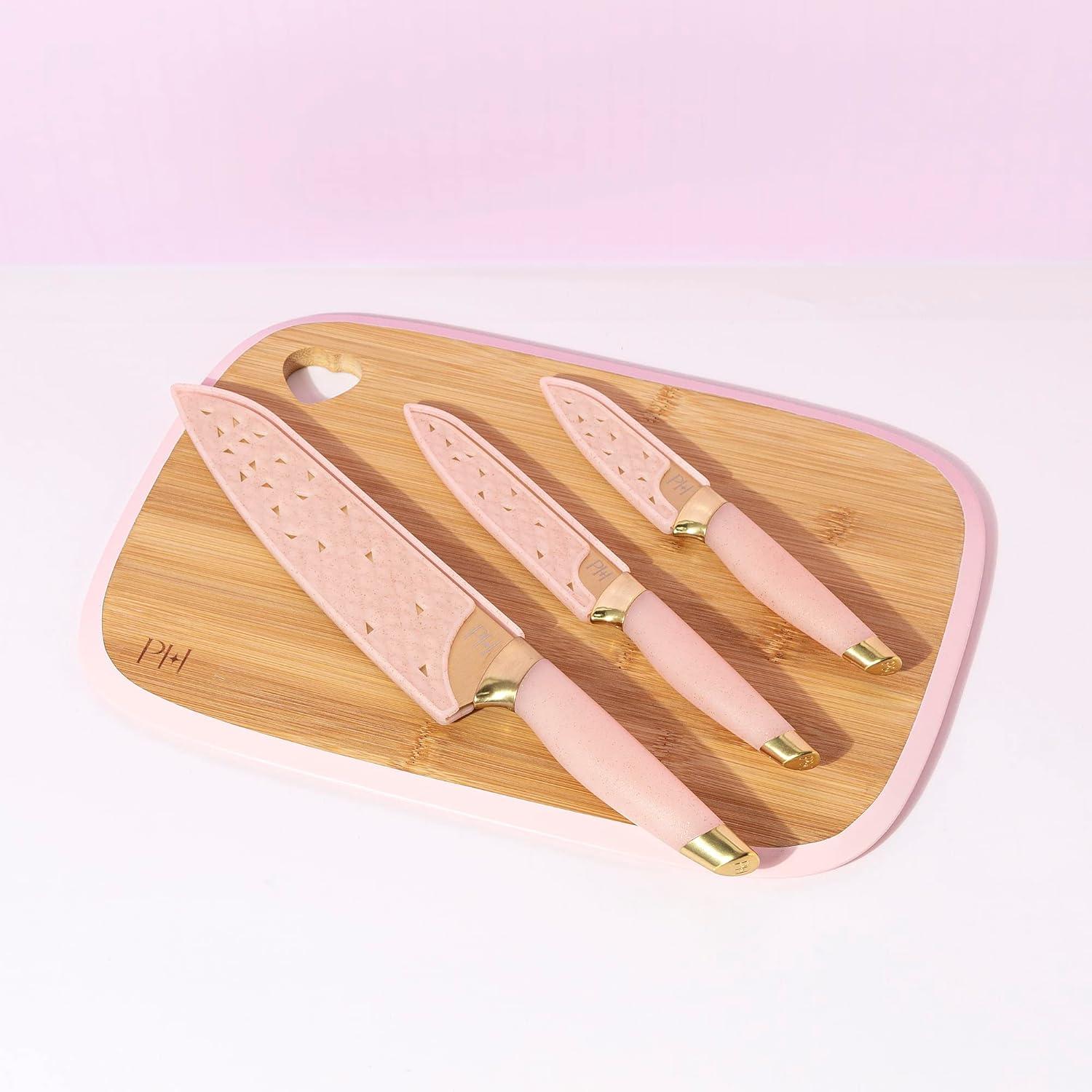 Paris Hilton 7-Piece Reversible Bamboo Heart Cutting Board and Stainless Steel Cutlery Set, Pink