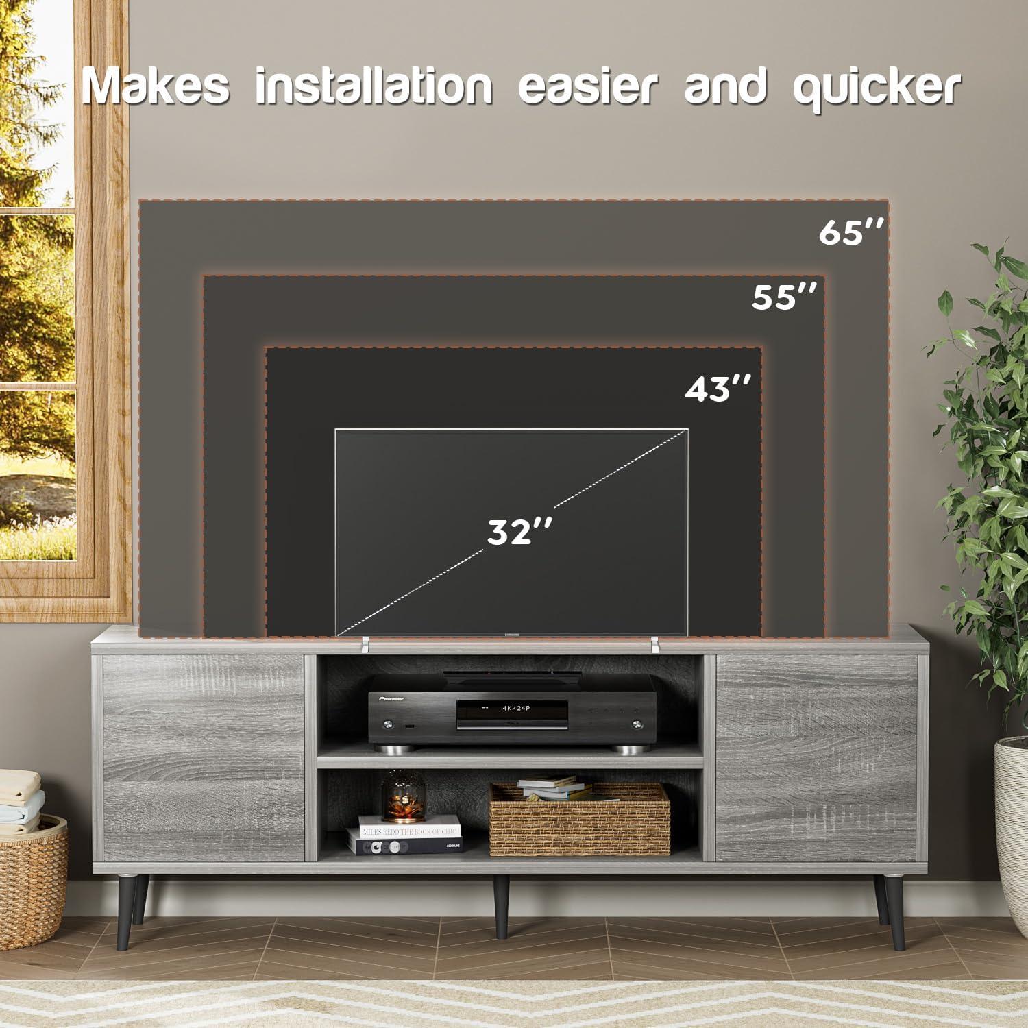 Modern Gray Wood TV Stand with Cabinets and Pop-up Doors