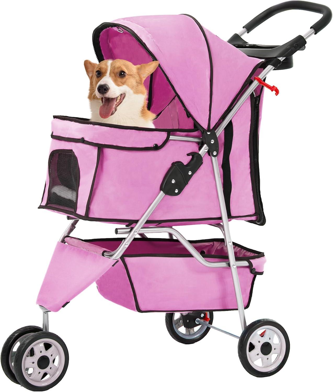 Pink 3-Wheel Foldable Waterproof Dog Stroller with Storage