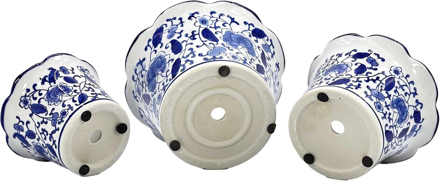 Set of 3 Blue & White Floral Ceramic Pots Ruffled Lip