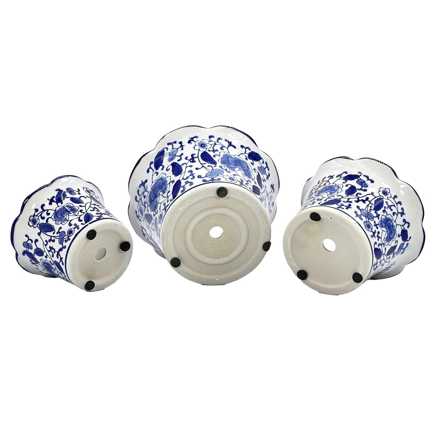 Galt International Blue & White Floral Porcelain Ceramic Decorative Flower Pot 8"/6"/4.5" Garden Pots Chinese Asian Design - Set of 3 Cylinder Fluted Edge