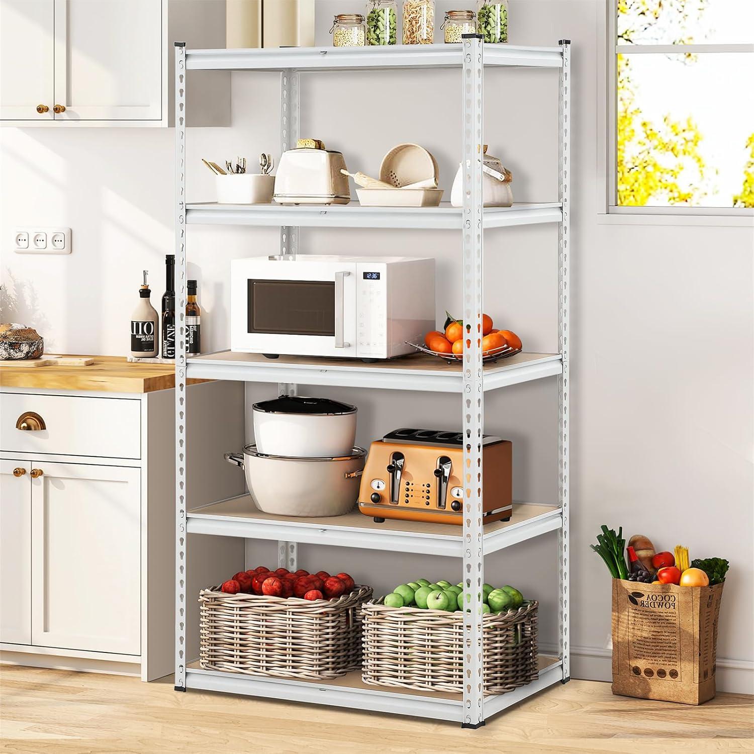 5 Tier Storage Shelves - Adjustable Metal Storage Utility Shelf, Heavy Duty Shelving Unit Rack Organizers for Kitchen Closet Pantry Warehouse Garage, 28" W x 12" D x 59" H, White