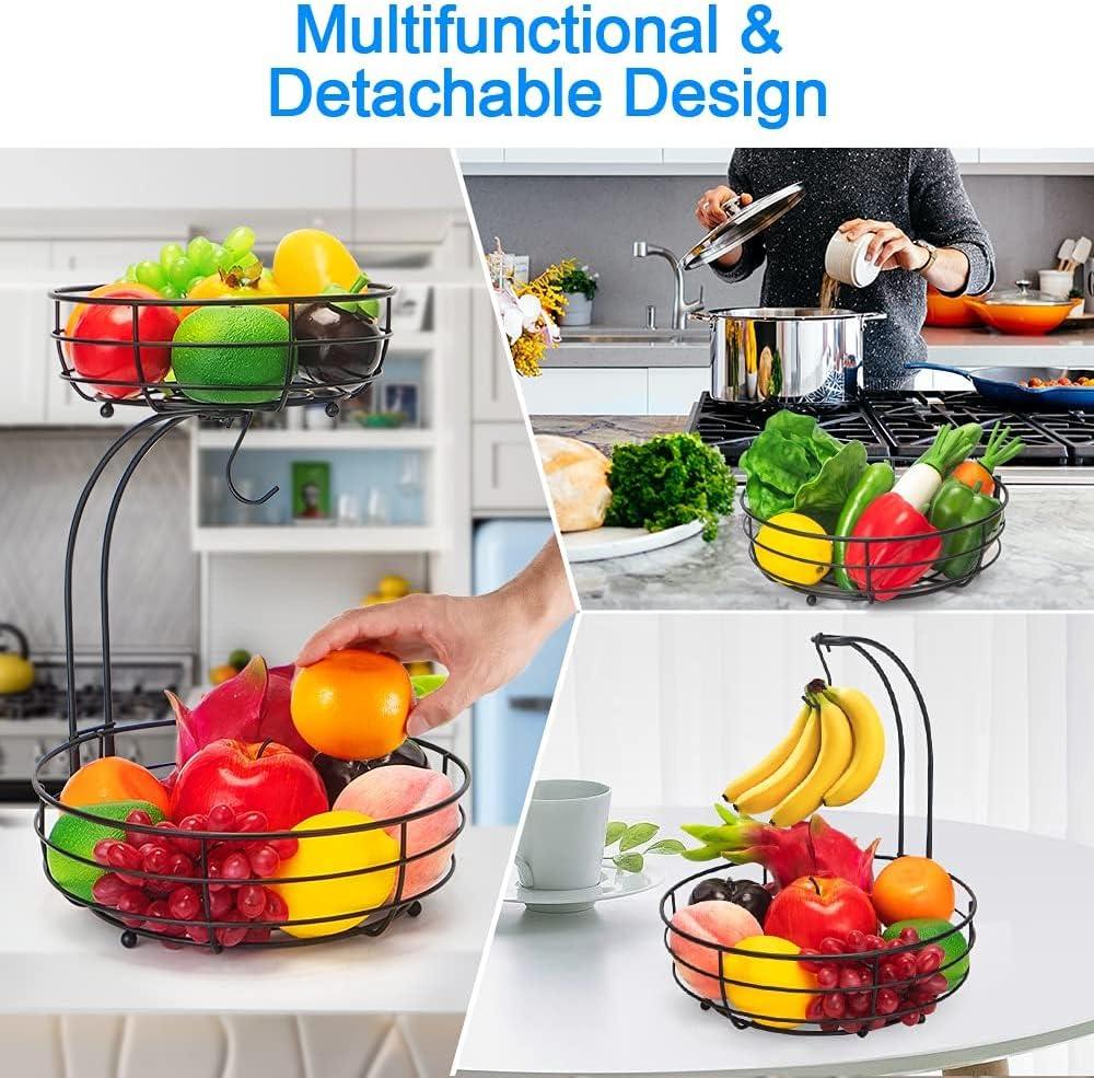 Black Metal 2-Tier Countertop Fruit Basket with Banana Hanger