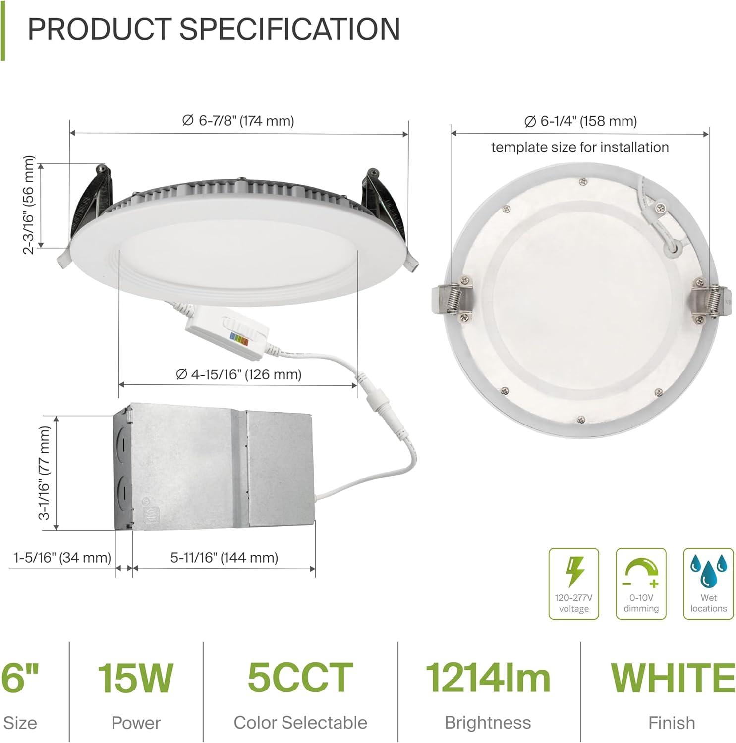 ASD LED Recessed Lighting 6 Inch, Round Commercial Downlight, Mini Panel with Baffle Trim, 6" 15W 120-277V CCT Selectable 2700/3000/3500/4000/5000K, Dimmable Ceiling Light Fixture, White, ETL