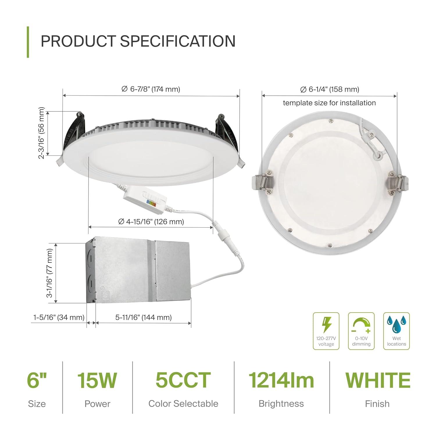 ASD LED Recessed Lighting 6 Inch, Round Commercial Downlight, Mini Panel with Baffle Trim, 6" 15W 120-277V CCT Selectable 2700/3000/3500/4000/5000K, Dimmable Ceiling Light Fixture, White, ETL