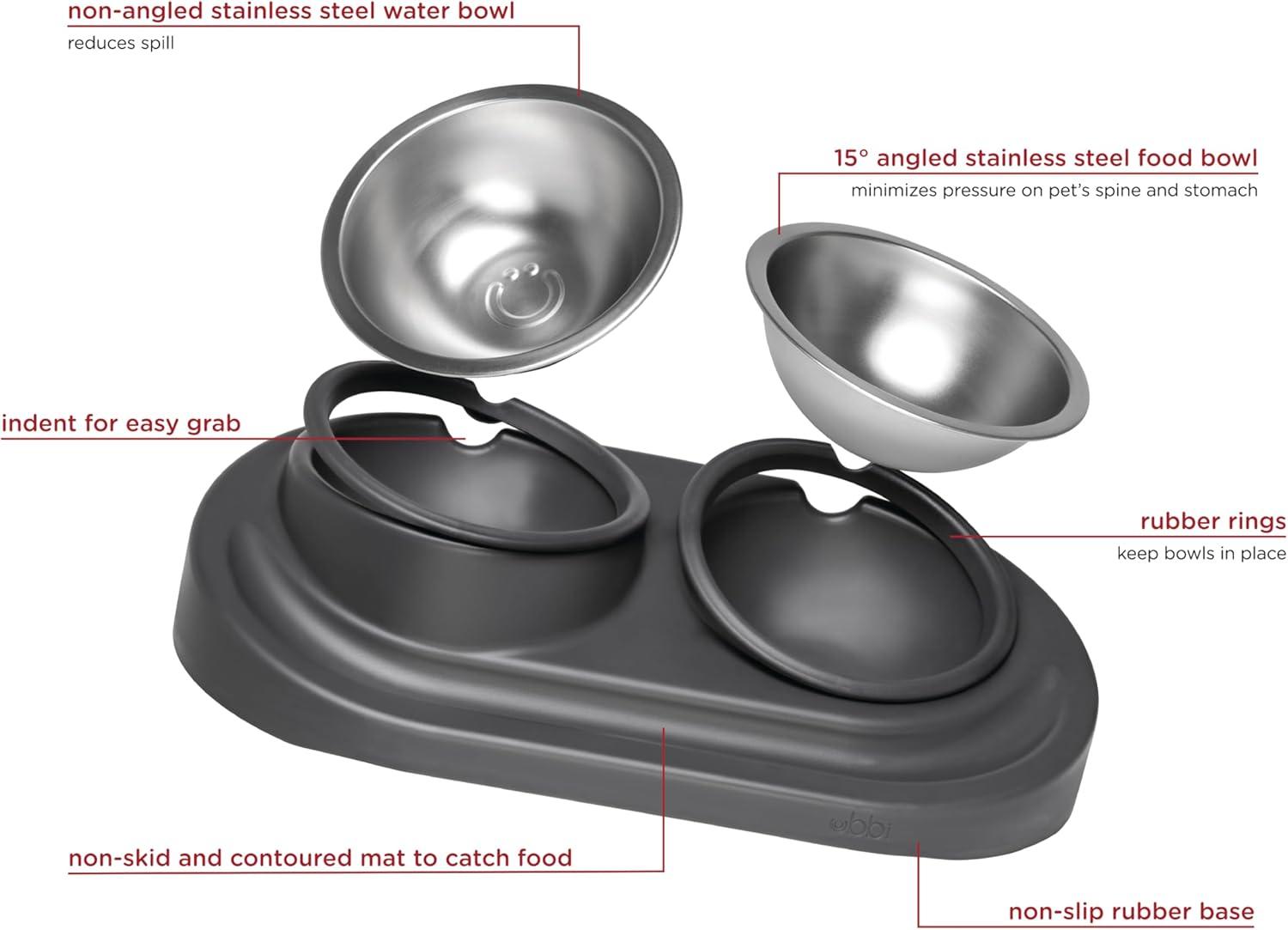 Ubbi Pet Ergonomic Elevated Food and Water Dog Bowl Set with 2 Stainless Steel Bowls, Charcoal Gray