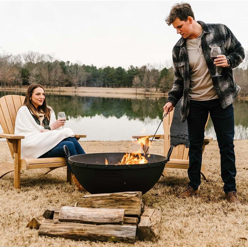 Ash & Ember 32" Hemisphere Fire Pit with Screen and Poker, Cast Iron High-Temperature Black Paint Fire Bowl, Wood Burning Backyard Fireplace, Portable Outdoor Firepit