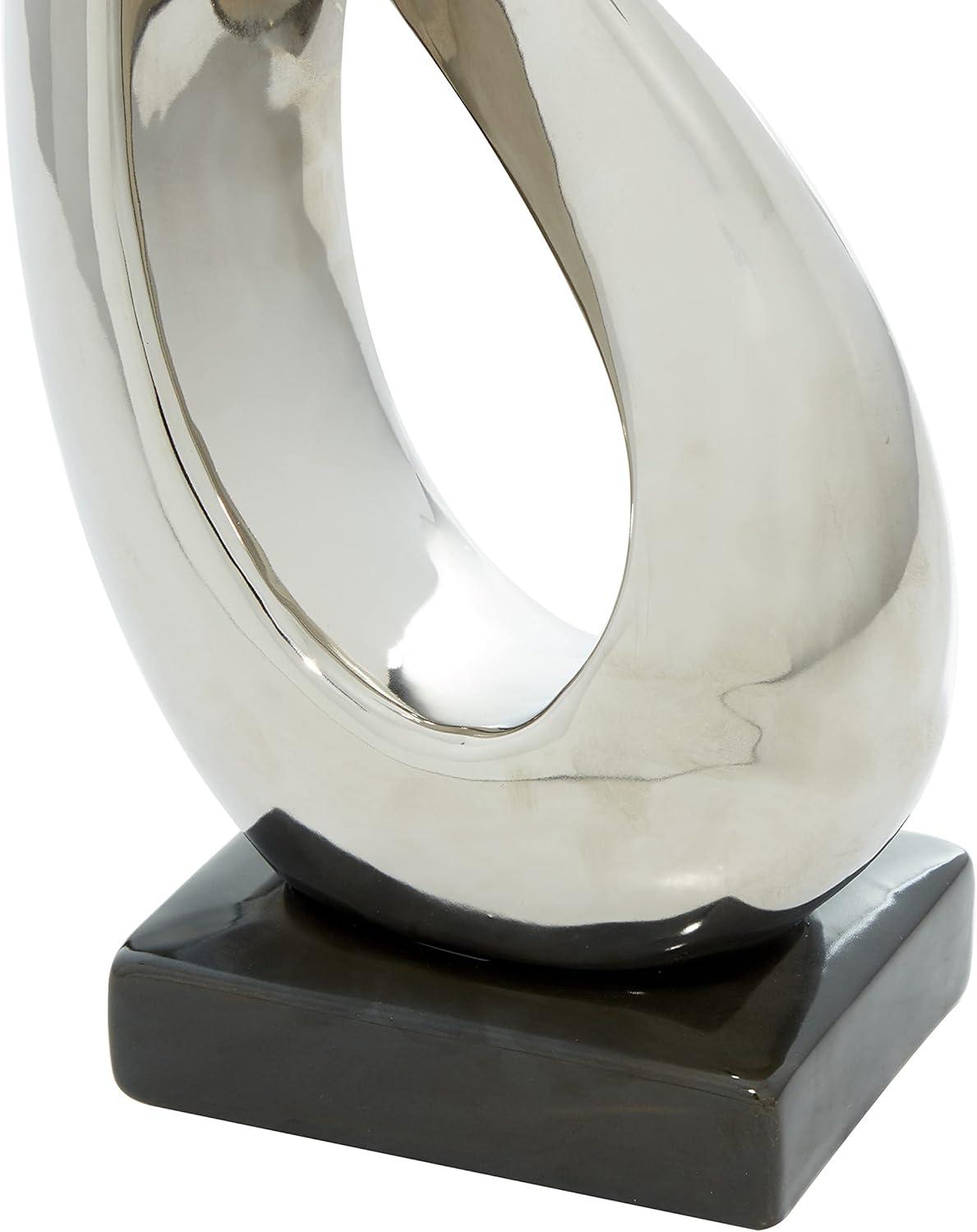 8" x 17" Silver Porcelain Ceramic Abstract Sculpture with Black Base, by DecMode