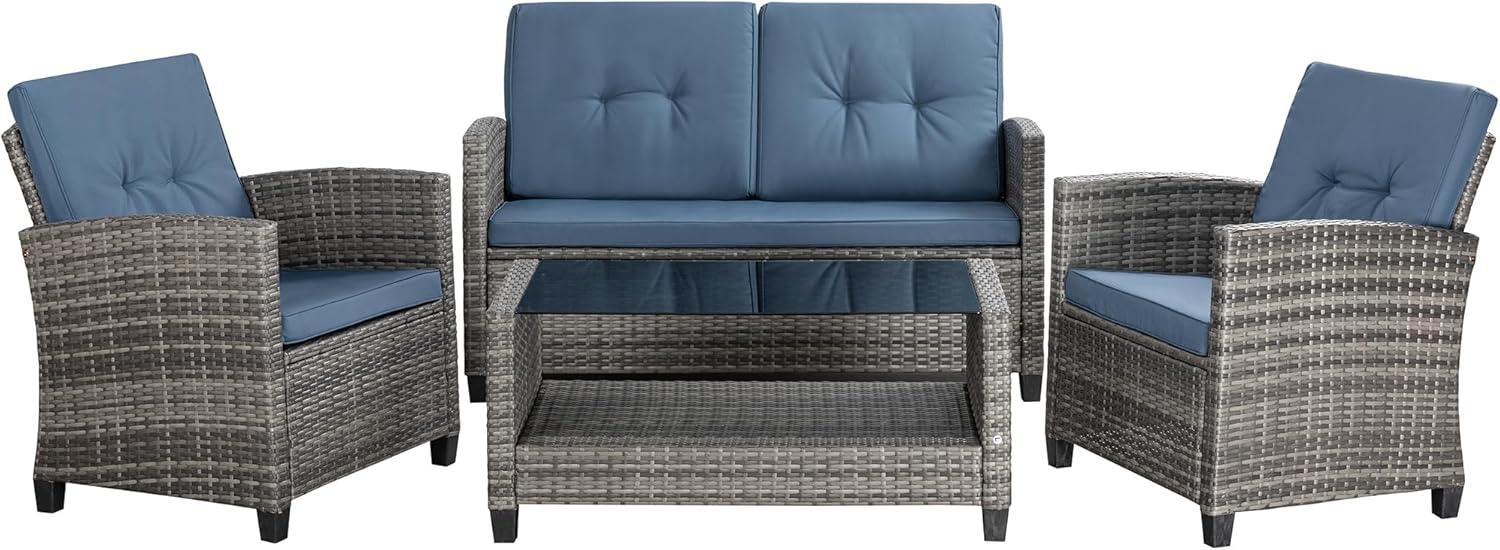 Shintenchi 4 Piece Patio Furniture Set, Outdoor Rattan Conversation Set with Coffee Table, Outside Wicker Sectional Sofa Couch with Cushion, Gray and Blue