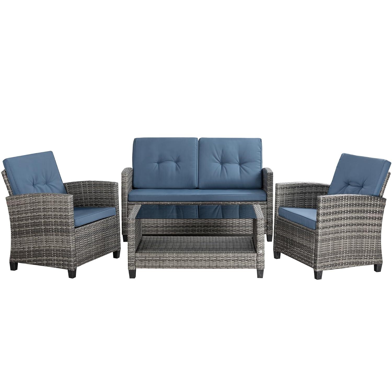 Shintenchi 4 Piece Patio Furniture Set, Outdoor Rattan Conversation Set with Coffee Table, Outside Wicker Sectional Sofa Couch with Cushion, Gray and Blue