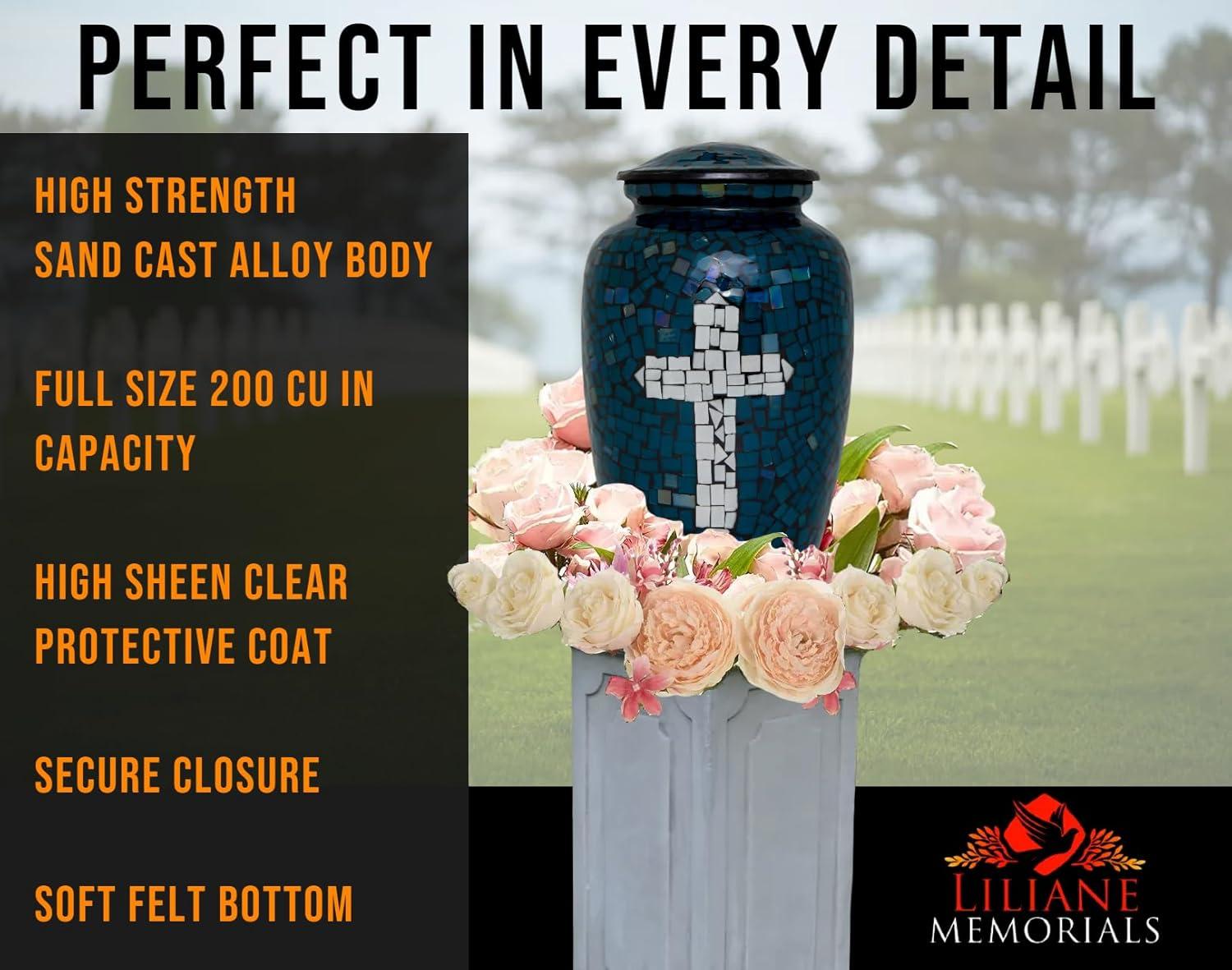 Mosaic Glass Cremation Urn - Hand Made Funeral Urn for Human Ashes - Large Adult Size Burial Urn - Hand Applied Individual Tiles Create a one of a Kind Work of Art - 200 cu in (Deep Blue Cross)