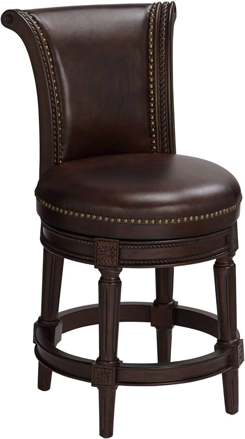 55 Downing Street Addison Walnut Swivel Bar Stool Brown 26" High Traditional Mocha Leather Cushion with Backrest Footrest for Kitchen Counter Height
