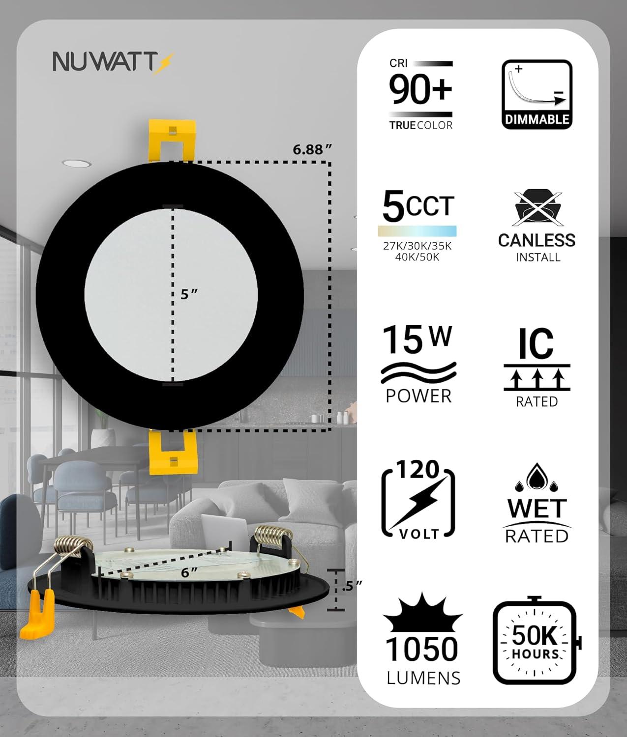 Panel Downlight 6.88'' Selectable Color Temperature Dimmable Air-Tight IC Rated LED Canless Recessed Lighting Kit