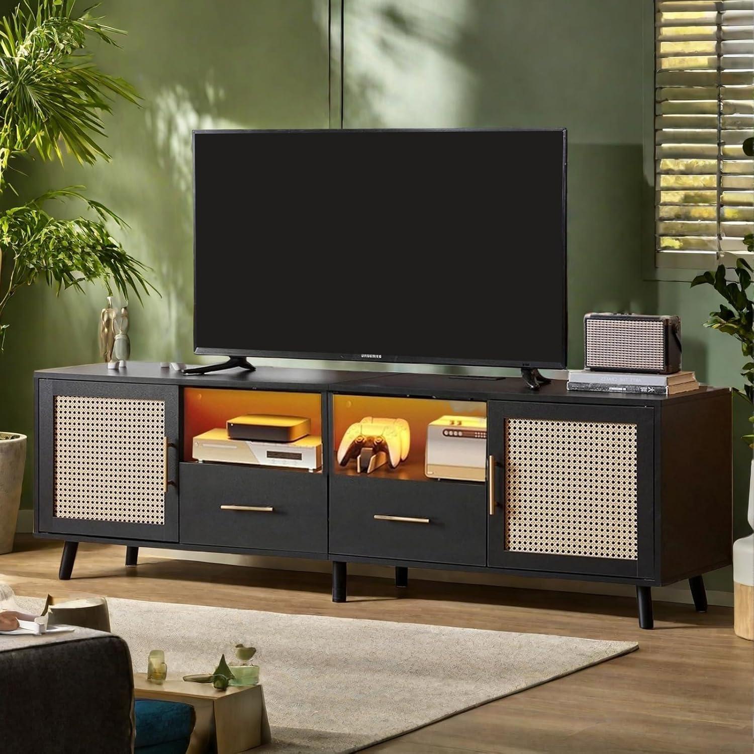Bay Isle Home™ Heyer Large Wood Rattan TV Stand for TVs up to 75" with LED Light and Charging Station, Coastal Media Console Table, Multimedia Storage Furniture with 2 Drawers, Lighting TV Cabinet