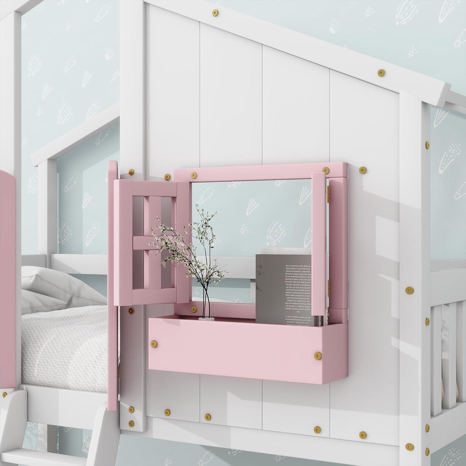 HighSound Twin Over Twin House Bunk Bed Frame with Roof, Window, Ladder and Safety Guardrails for Boys Girls, White & Pink