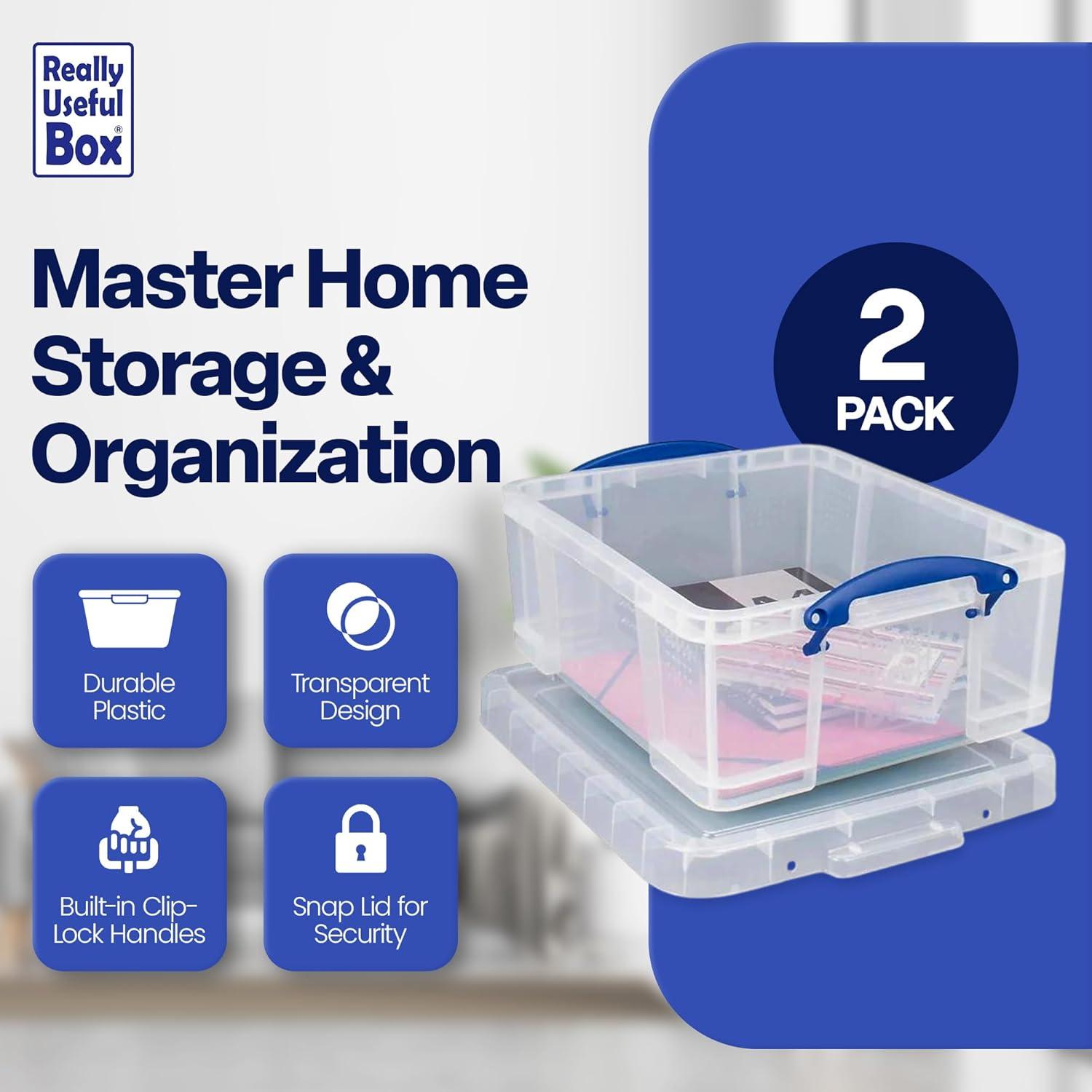 Really Useful Box 17 Liter Plastic Stackable Storage Container with Snap Lid & Built-In Clip Lock Handles for Home or Office Organization, Clear