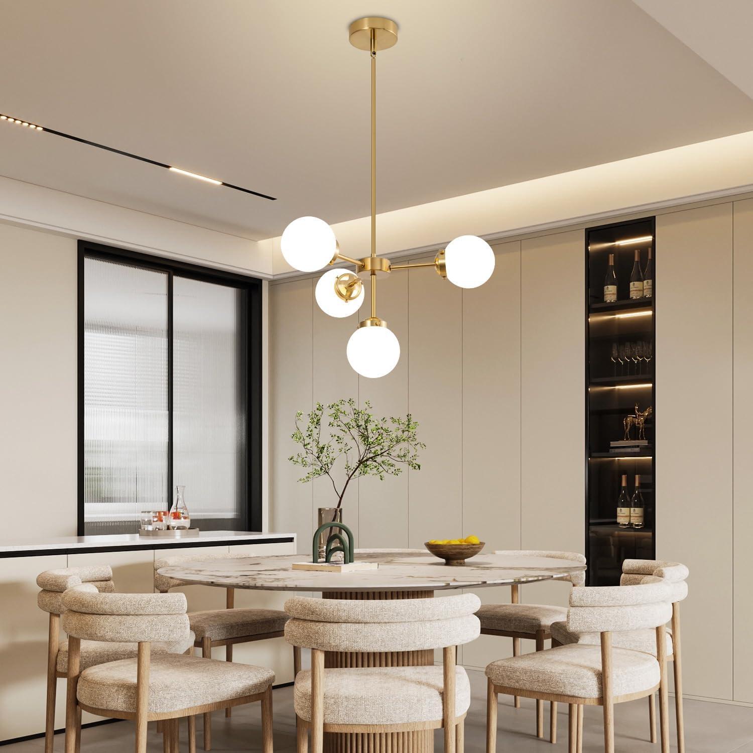 Gold Sputnik Chandelier 4-Light Globe Sputnik Ceiling Light Fixture Mid Century Sputnik Chandeliers with Milk Glass Shade