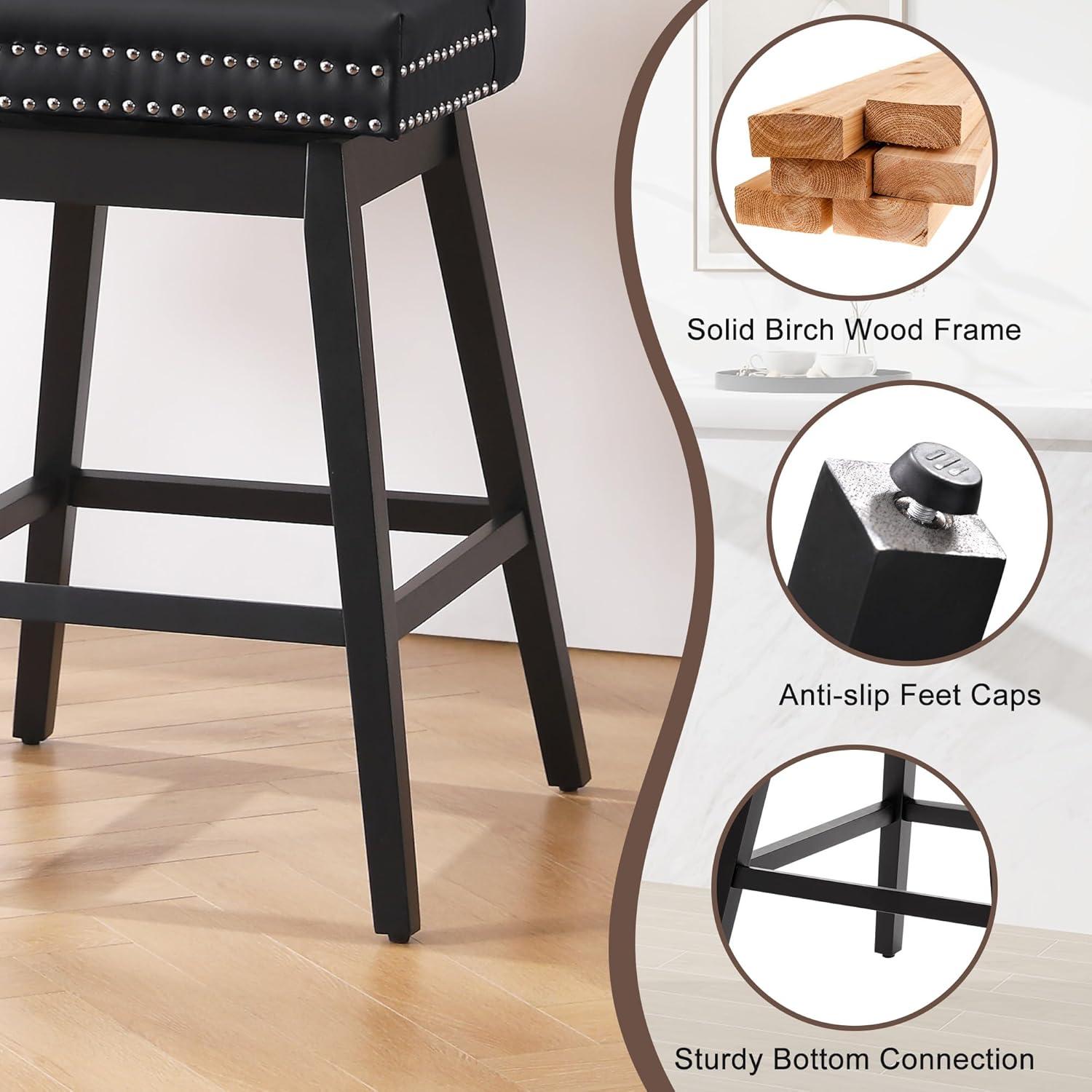 Dycanpo 26'' Swivel Bar Stools Set of 2, Upholstered Barstool with Footrest for Kitchen,Black-Faux Leather