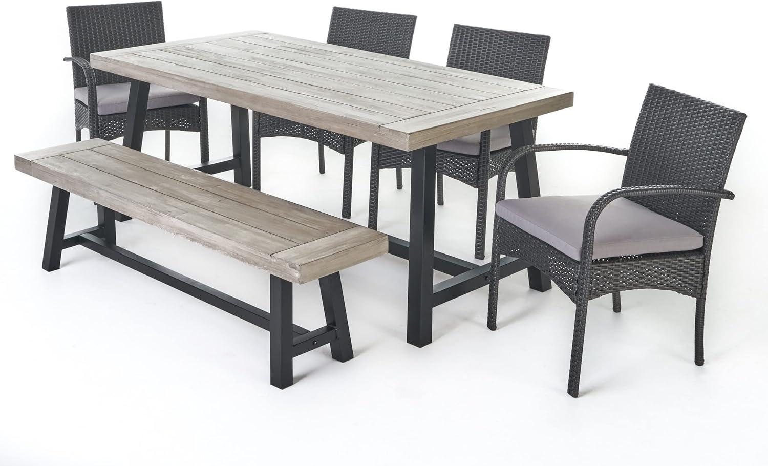 Sandblasted Light Gray Acacia Wood and Wicker 6-Piece Outdoor Dining Set